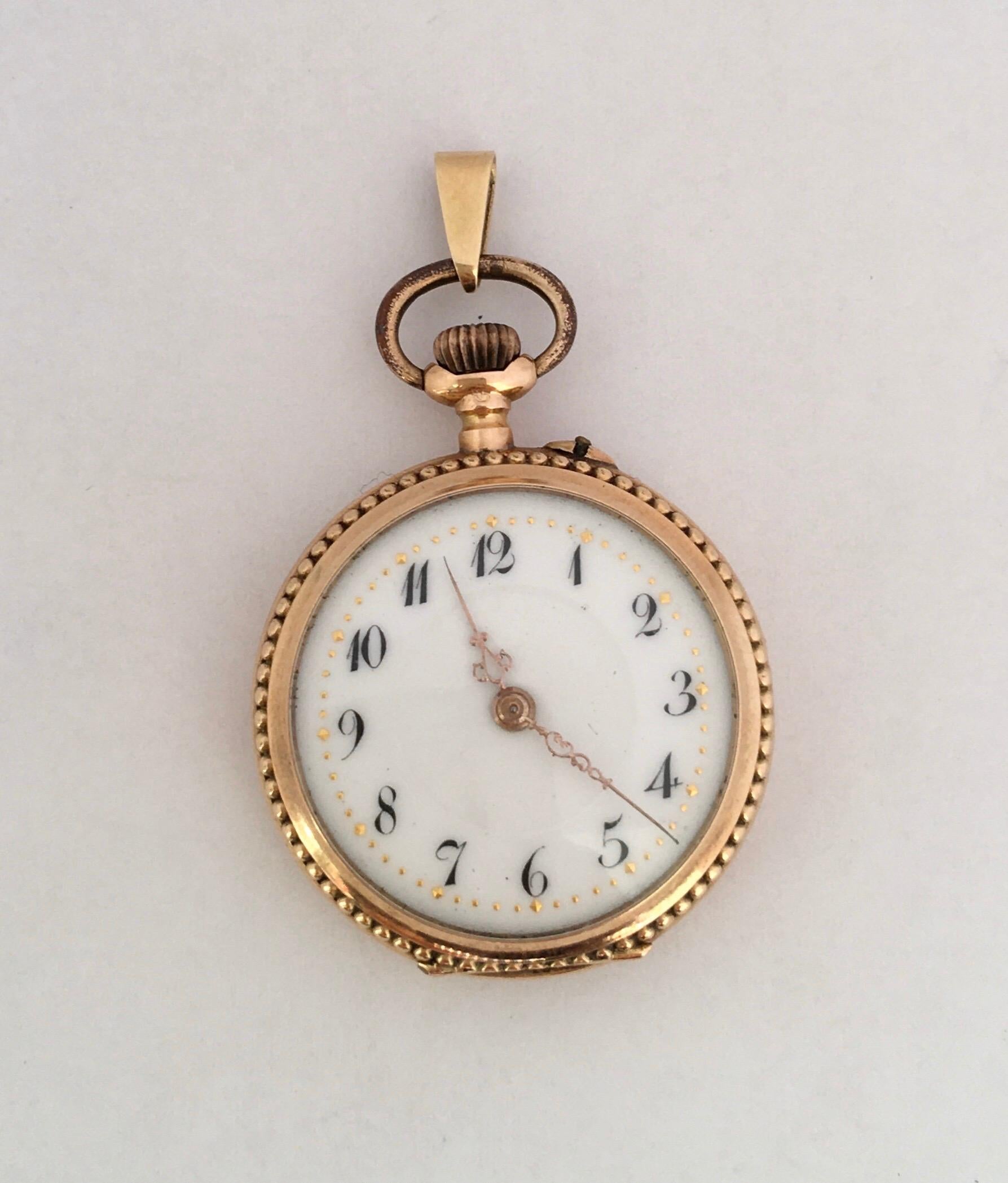 This stunning little gold antique pocket / pendant watch is in good working condition and it is recently been serviced and it runs well. This watch weighed 17.1 grams and measured 29mm case diameter excluding the crown.

Please study the images