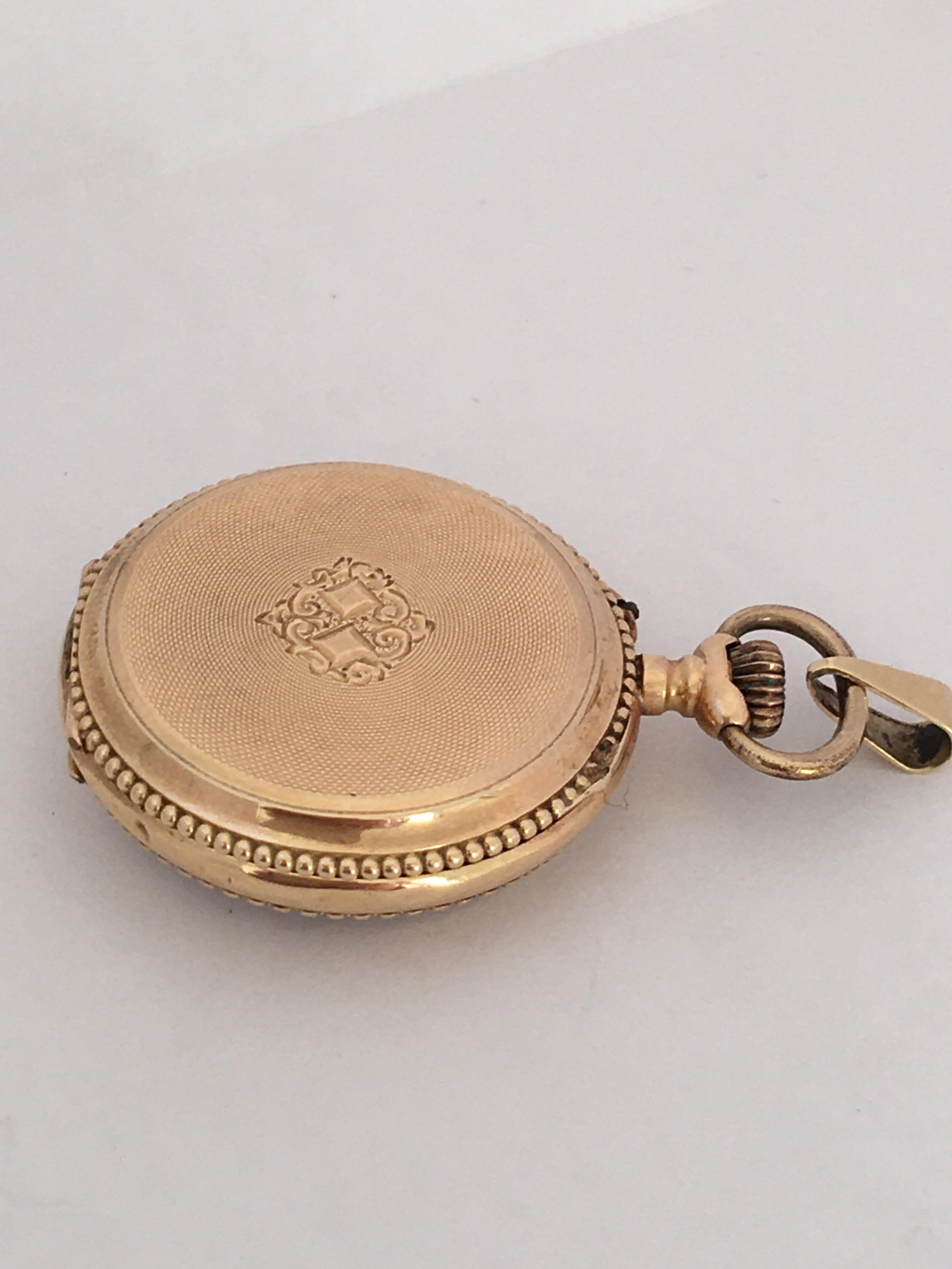 Antique 14 Karat Gold Engine Turned Case Key-Less Pendant Watch In Good Condition In Carlisle, GB