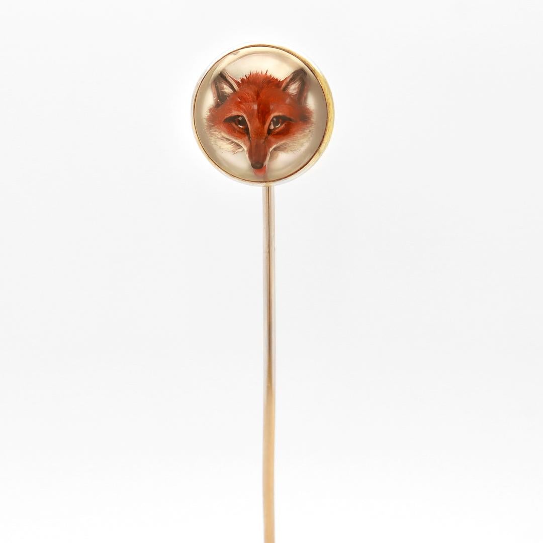 Edwardian Antique 14k Gold & Essex Crystal Fox's Head Stickpin For Sale