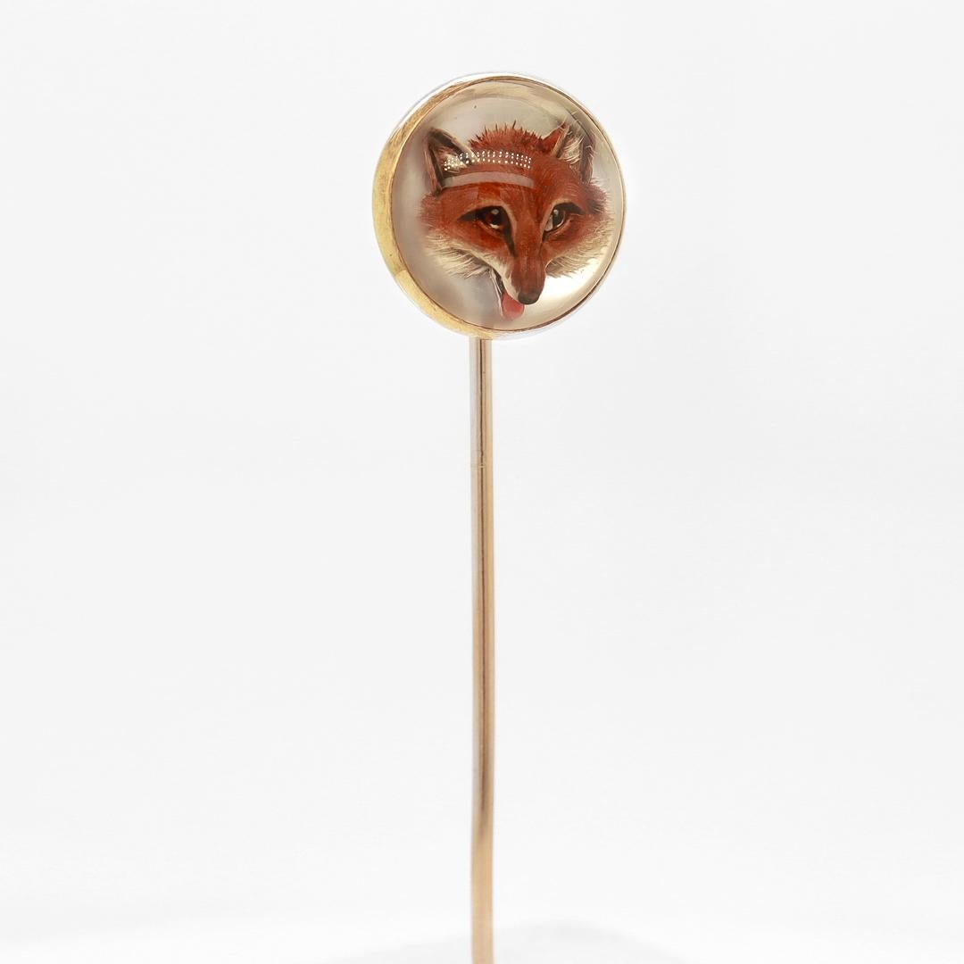 Antique 14k Gold & Essex Crystal Fox's Head Stickpin In Good Condition For Sale In Philadelphia, PA