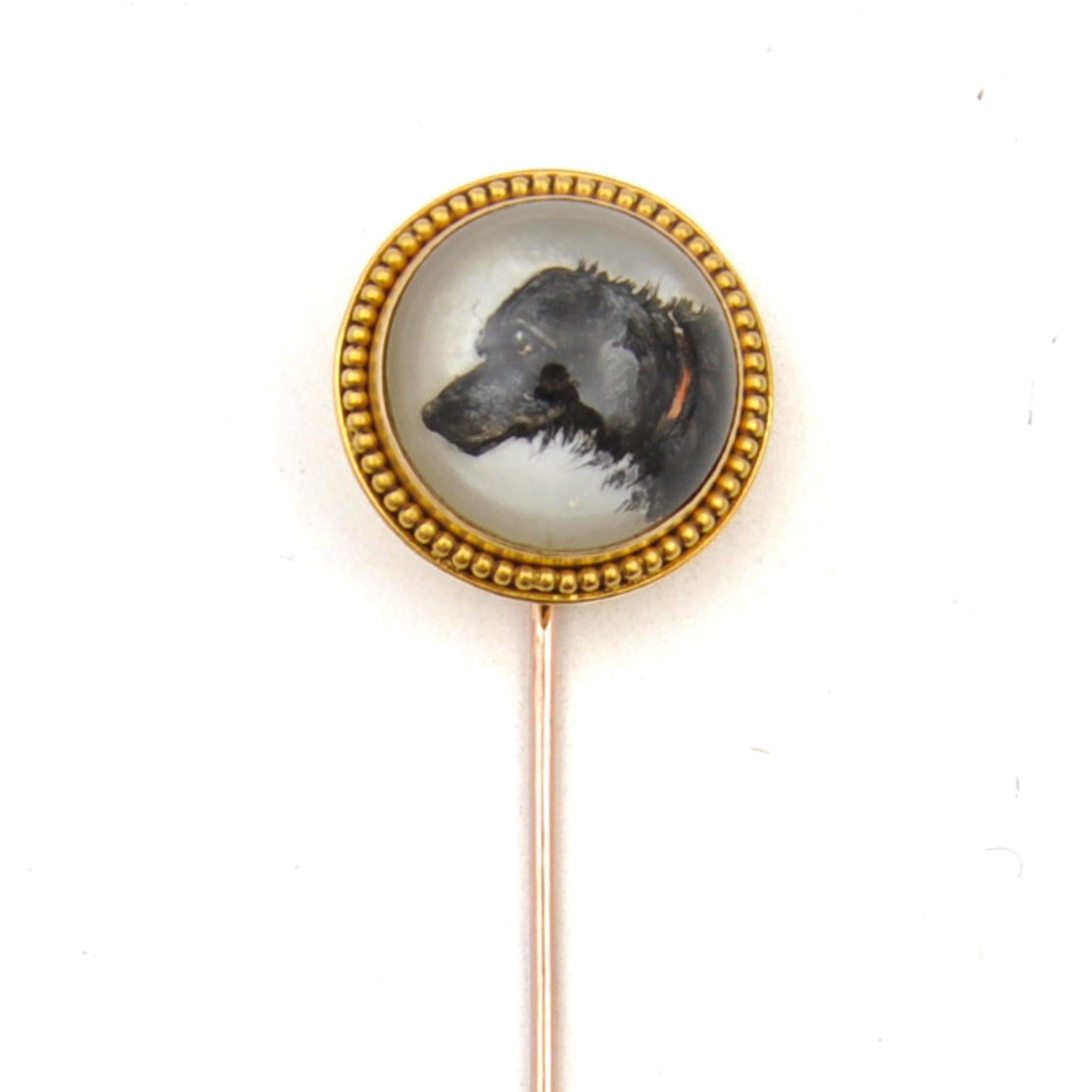 Women's or Men's Antique Victorian Essex Crystal Hunting Dog 14K Gold Lapel Pin For Sale