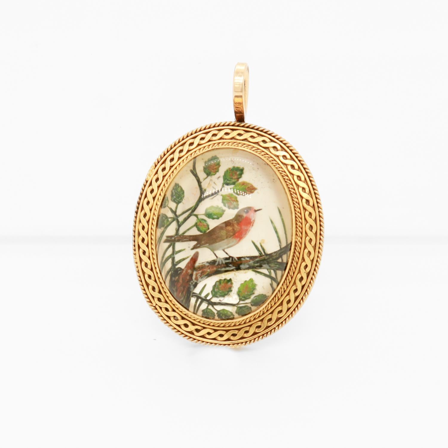 Antiker 14 Karat Gold & Essex Kristall-Anhänger mit roter Breasted Robin oder Vogel 1