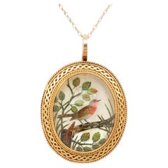 Antiker 14 Karat Gold & Essex Kristall-Anhänger mit roter Breasted Robin oder Vogel