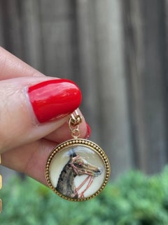 Antique 14k Gold Essex Crystal Reverse Painted Intaglio Horse Charm Medallion