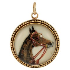 Antique 14k Gold Essex Crystal Reverse Painted Intaglio Horse Charm Medallion