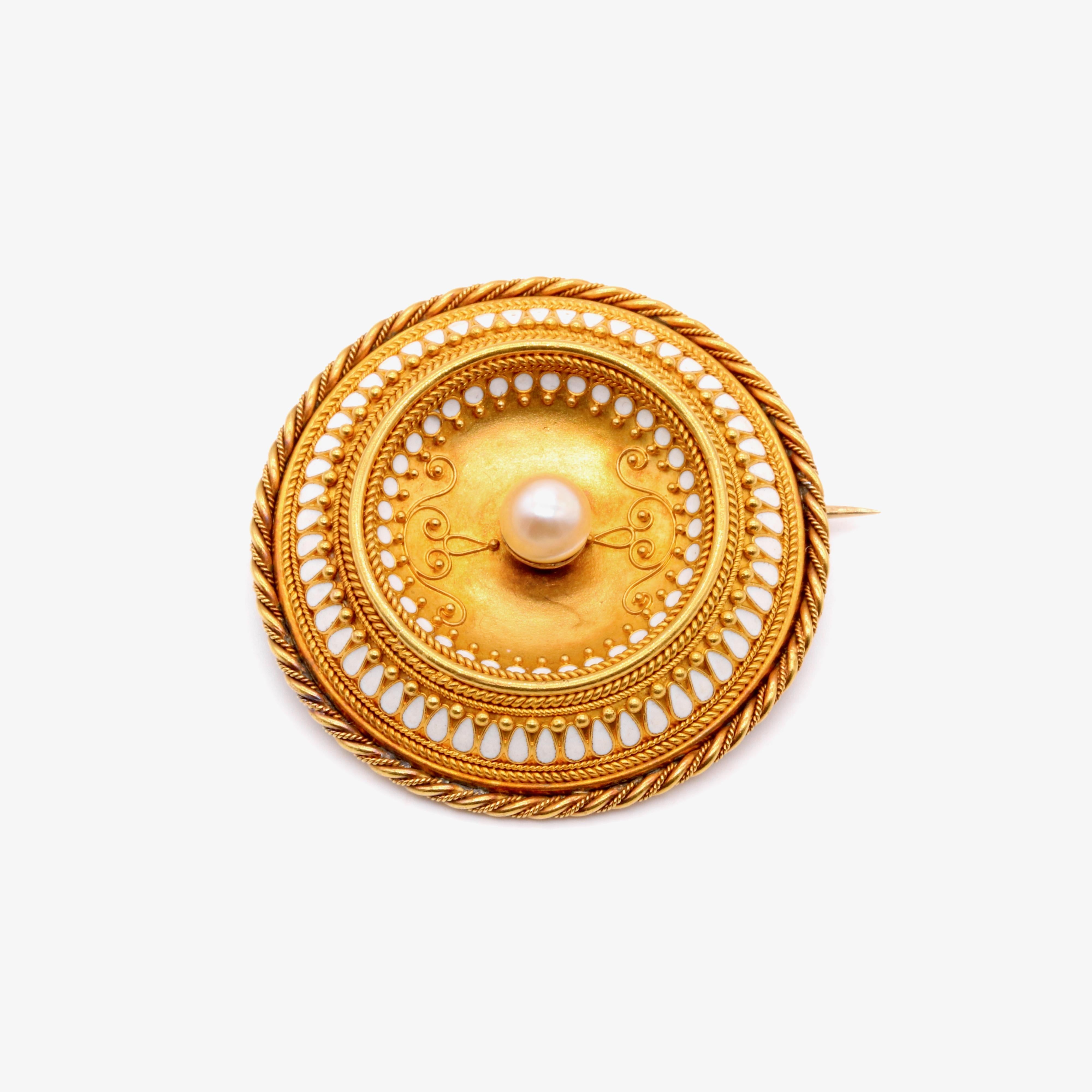 Victorian Antique 14K Gold Etruscan Revival Pearl & White Enamel Brooch, by Harry Emanuel For Sale