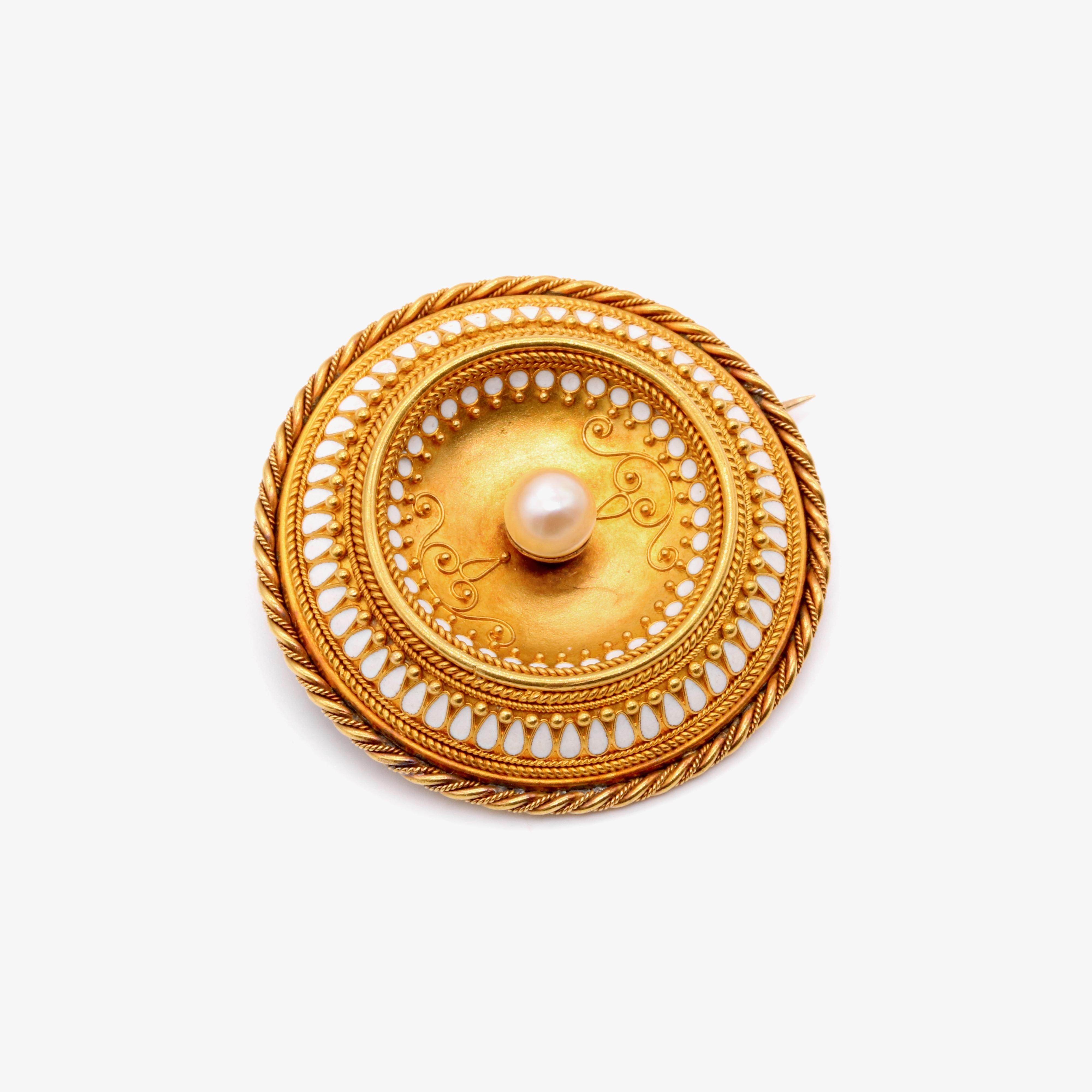 Round Cut Antique 14K Gold Etruscan Revival Pearl & White Enamel Brooch, by Harry Emanuel For Sale