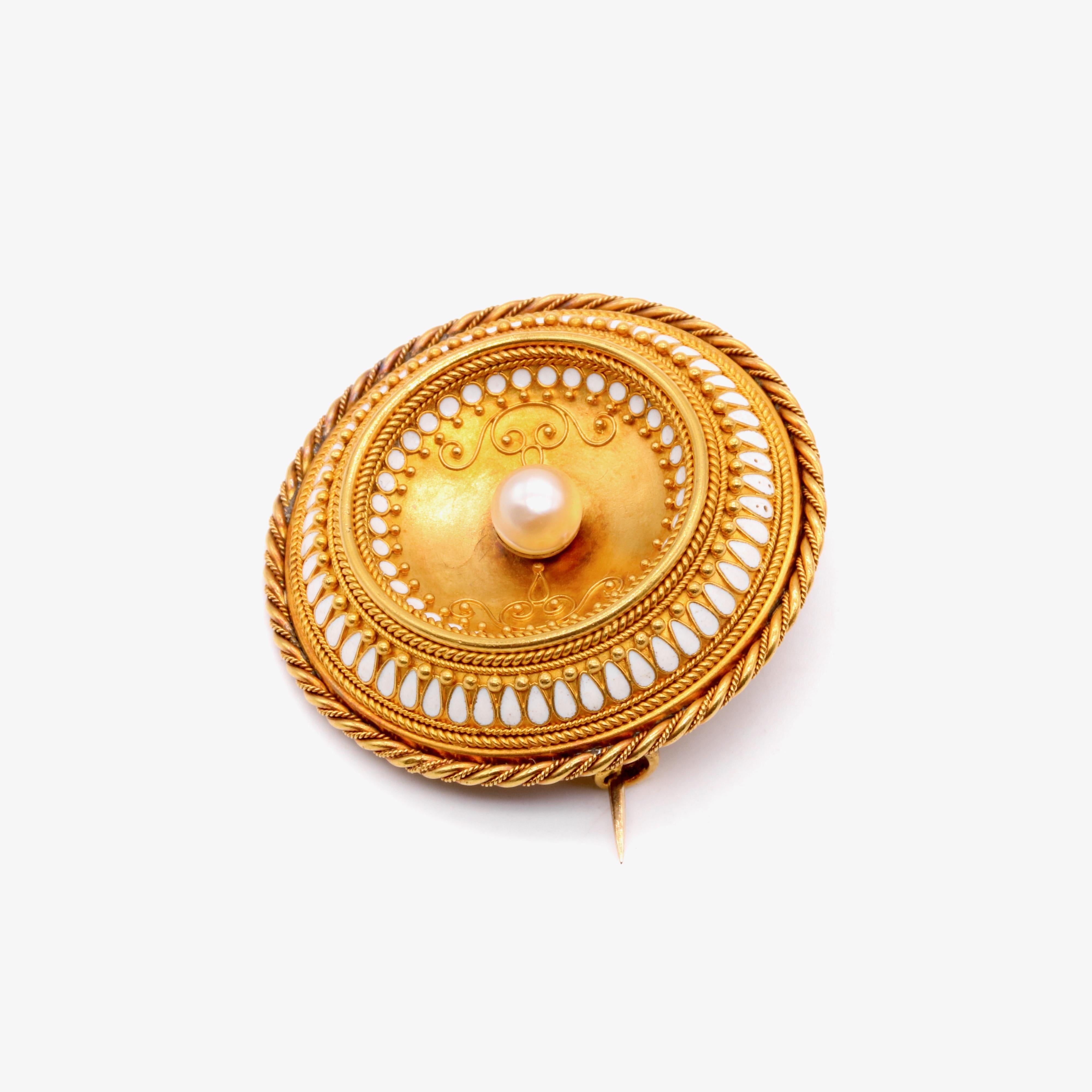 Antique 14K Gold Etruscan Revival Pearl & White Enamel Brooch, by Harry Emanuel In Good Condition For Sale In Staines-Upon-Thames, GB