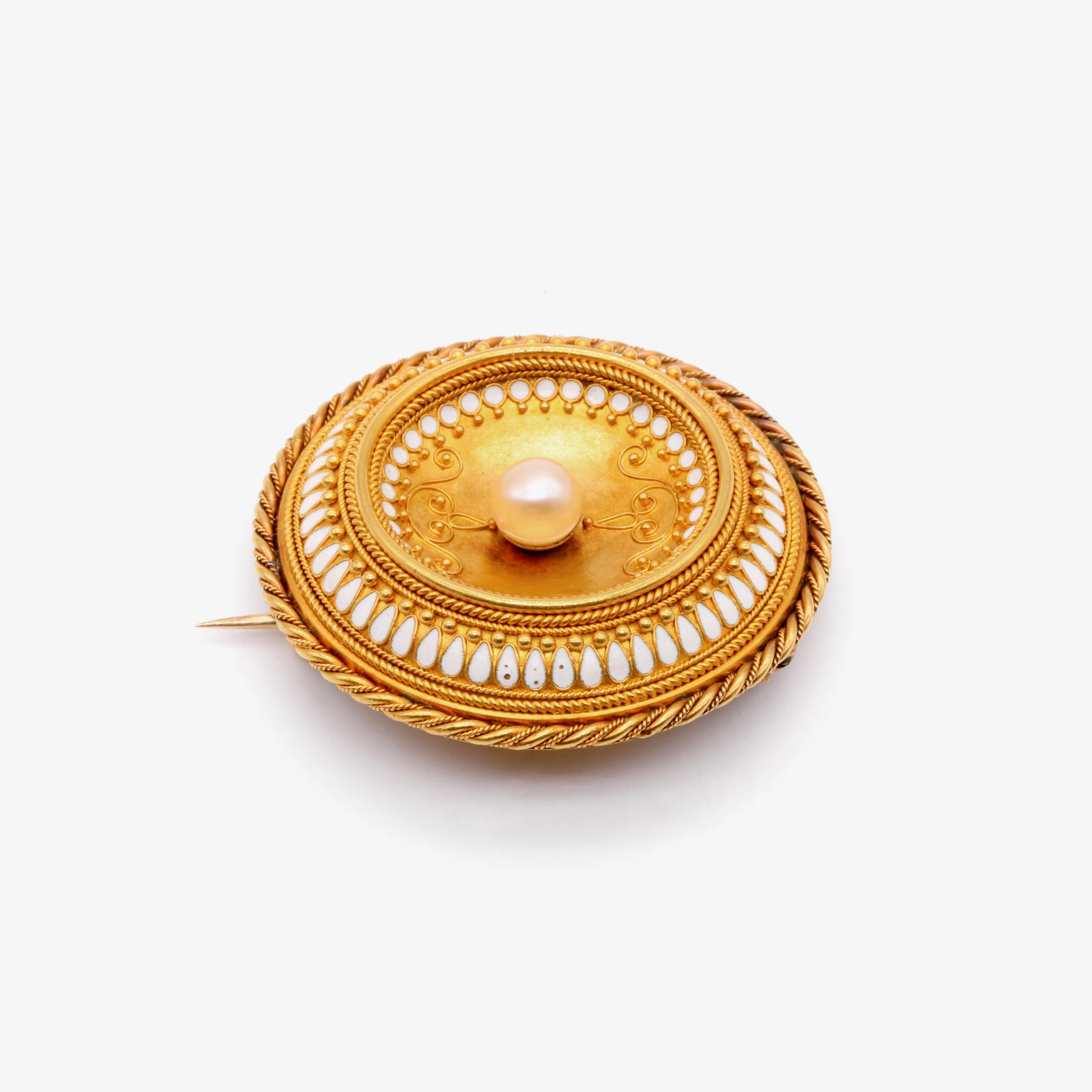 Women's or Men's Antique 14K Gold Etruscan Revival Pearl & White Enamel Brooch, by Harry Emanuel For Sale