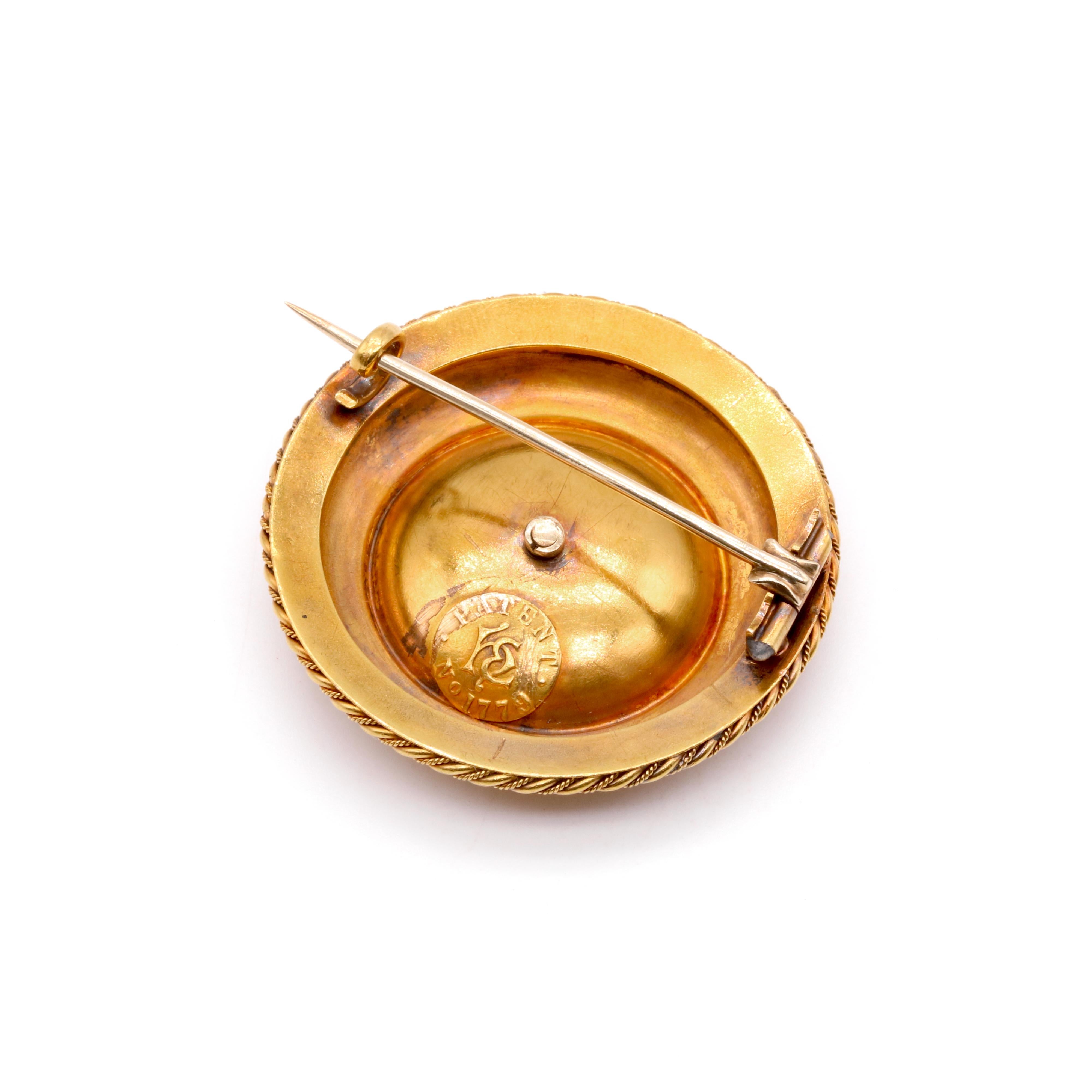 Antique 14K Gold Etruscan Revival Pearl & White Enamel Brooch, by Harry Emanuel For Sale 1