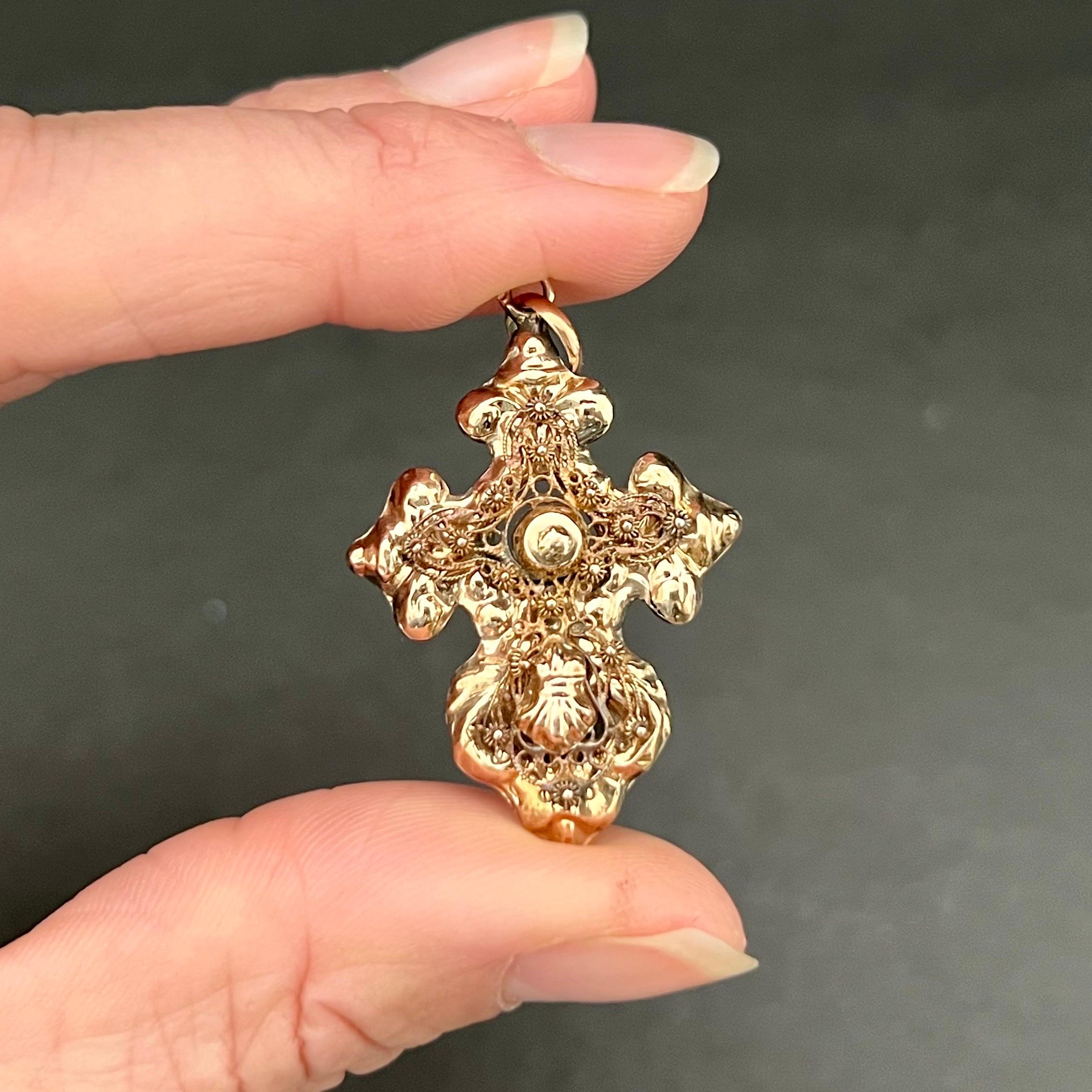 Victorian Antique 14K Gold Filigree and Cannetille Cross Pendant  For Sale