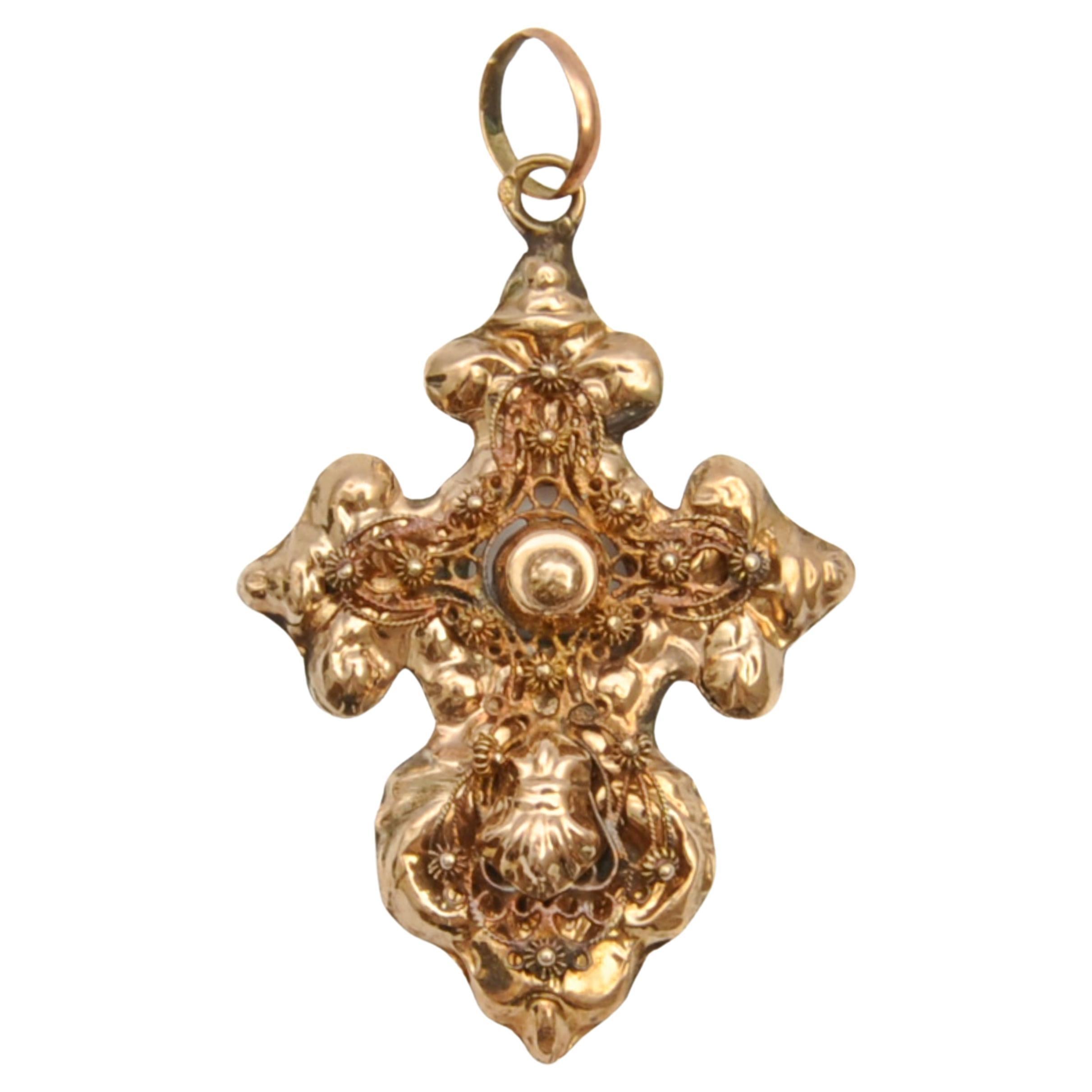 Antique 14K Gold Filigree and Cannetille Cross Pendant  For Sale