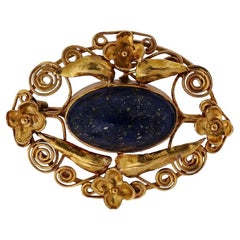 Vintage 14K Gold Filigree And Lapis Lazuli Brooch