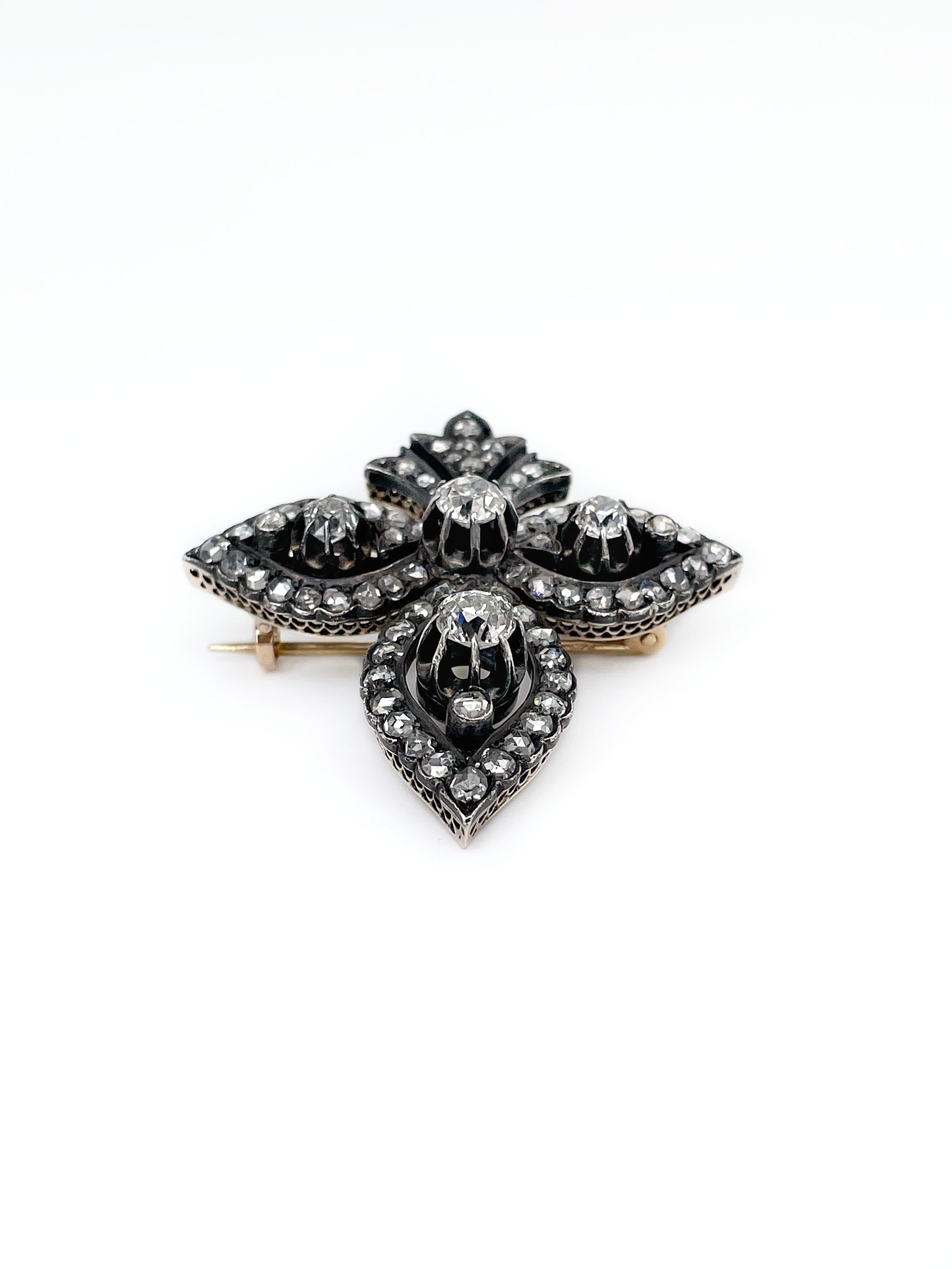 Victorian Antique 14K Gold “Fleur-de-lis” Diamond Brooch Pendant XIX Century