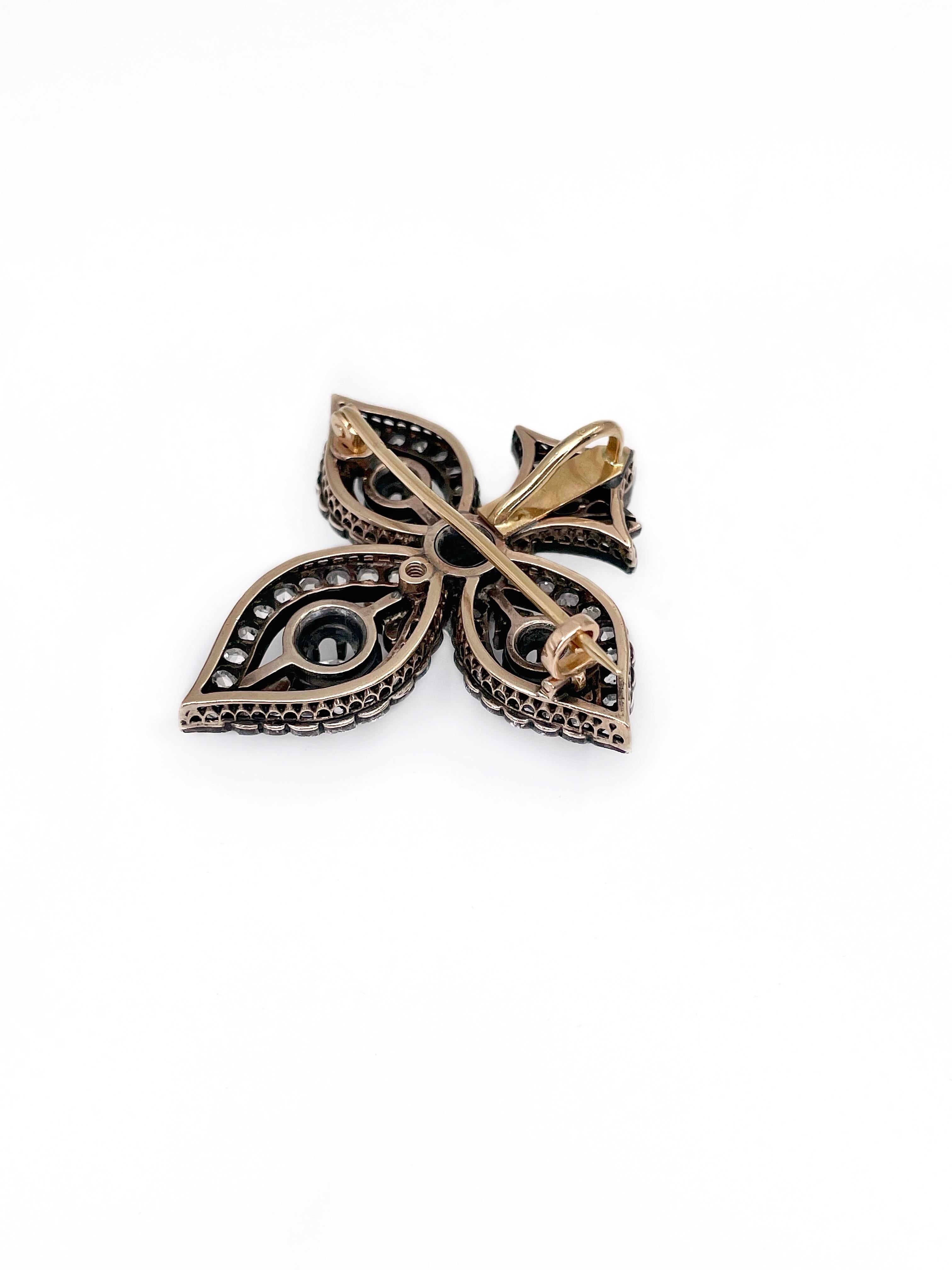 Old Mine Cut Antique 14K Gold “Fleur-de-lis” Diamond Brooch Pendant XIX Century