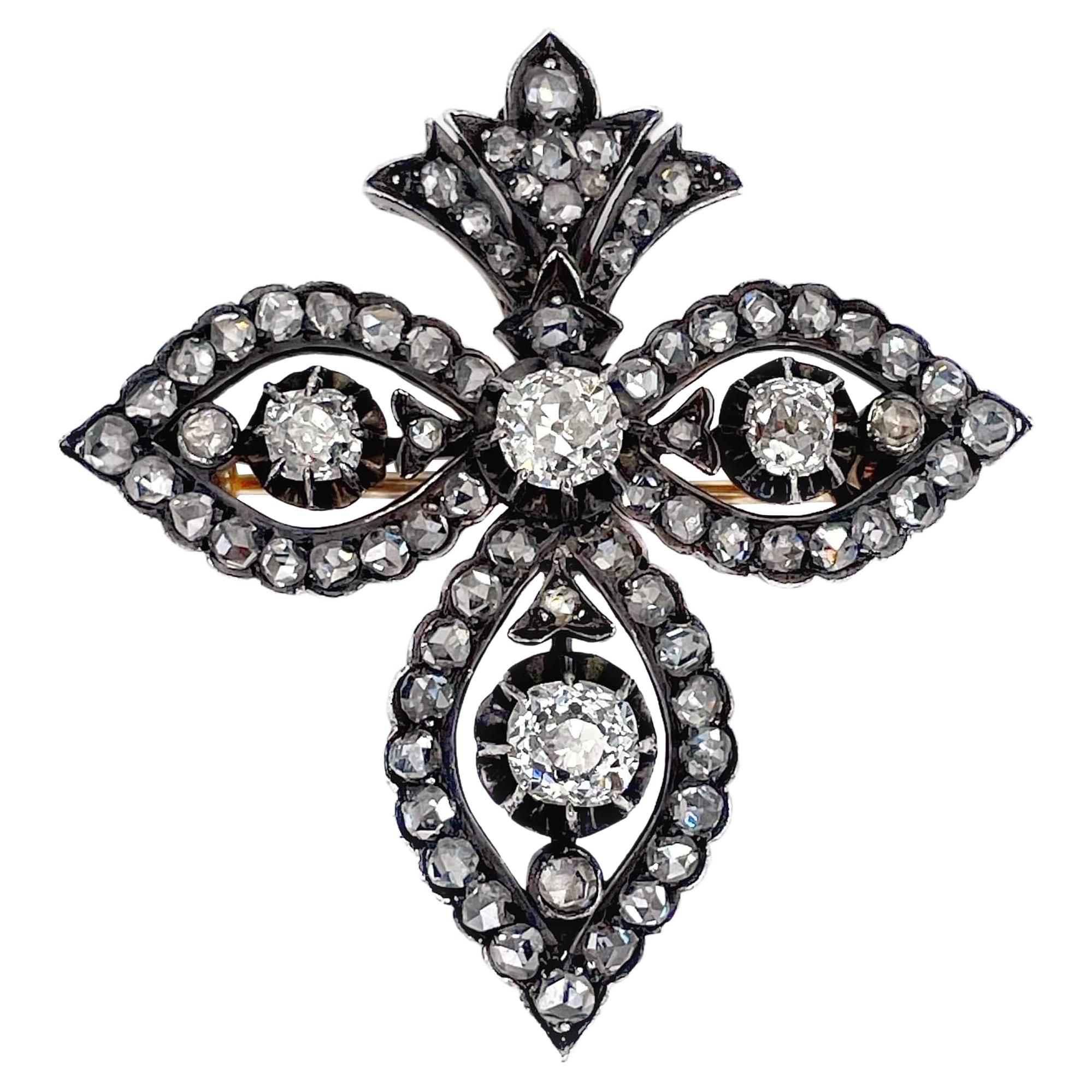 Antique 14K Gold “Fleur-de-lis” Diamond Brooch Pendant XIX Century