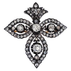 Pendentif broche ancienne Fleur-de-lis en or 14 carats avec diamants, XIXe siècle