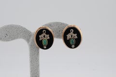 Antique 14K Gold Floral Stud Earrings with Diamonds, Onyx and Emerald Cabochons