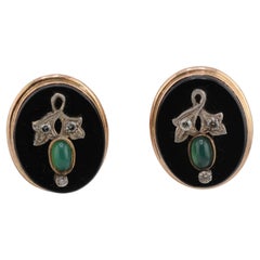 Antique 14K Gold Floral Stud Earrings with Diamonds, Onyx and Emerald Cabochons