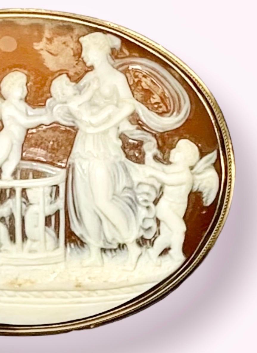 Neoclassical Antique 14K Gold Framed Cameo Brooch, Classical Scene of Women and Putti