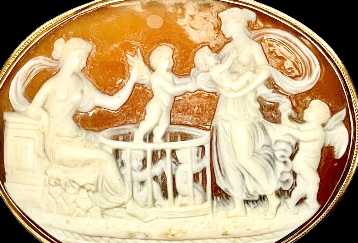 Italian Antique 14K Gold Framed Cameo Brooch, Classical Scene of Women and Putti