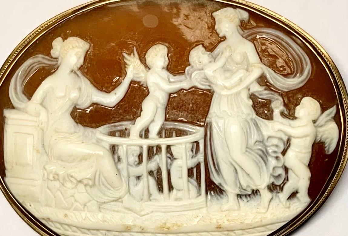 20th Century Antique 14K Gold Framed Cameo Brooch, Classical Scene of Women and Putti