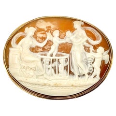 Antique 14K Gold Framed Cameo Brooch, Classical Scene of Women and Putti