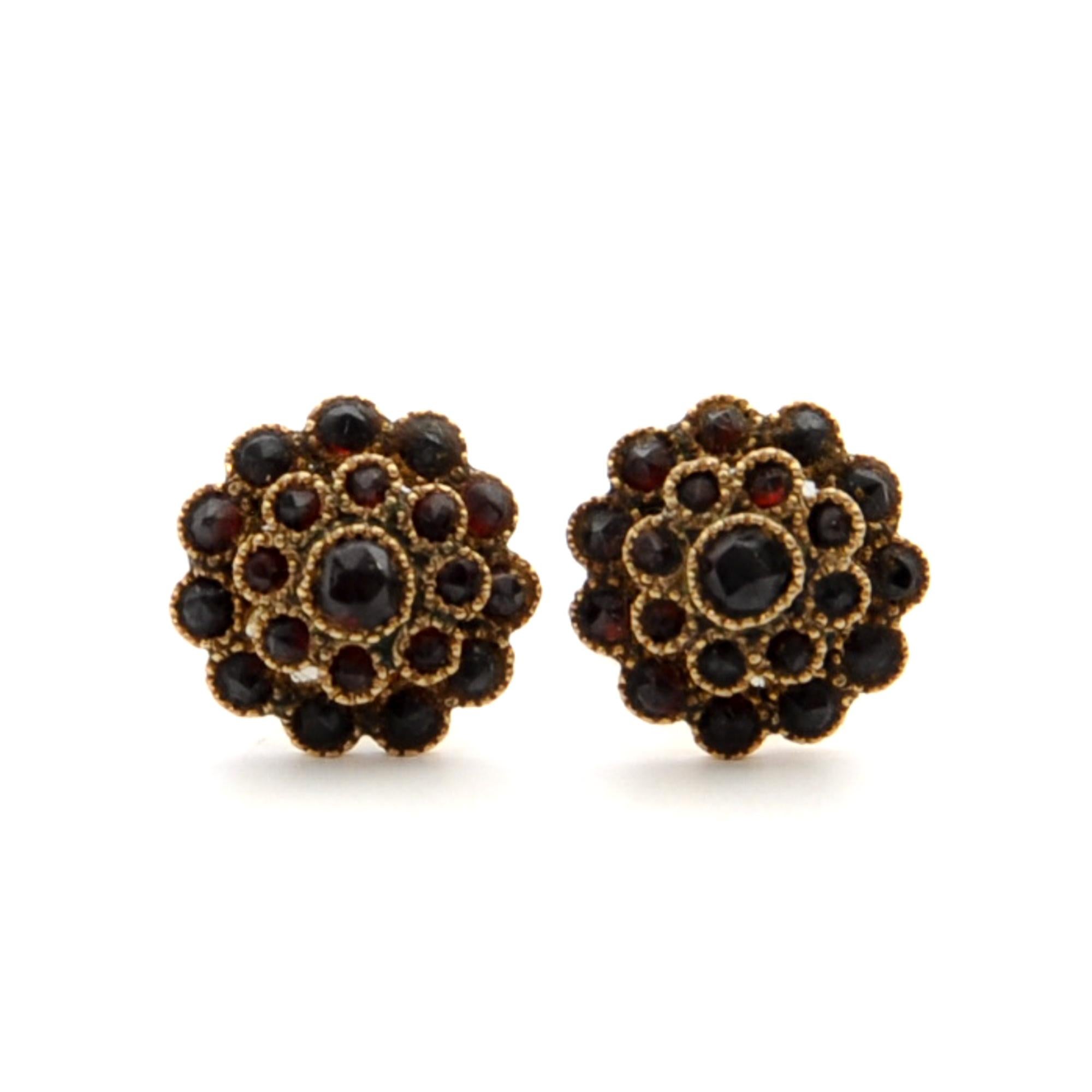 Women's Antique 14K Gold Garnet Cluster Stud Earrings For Sale