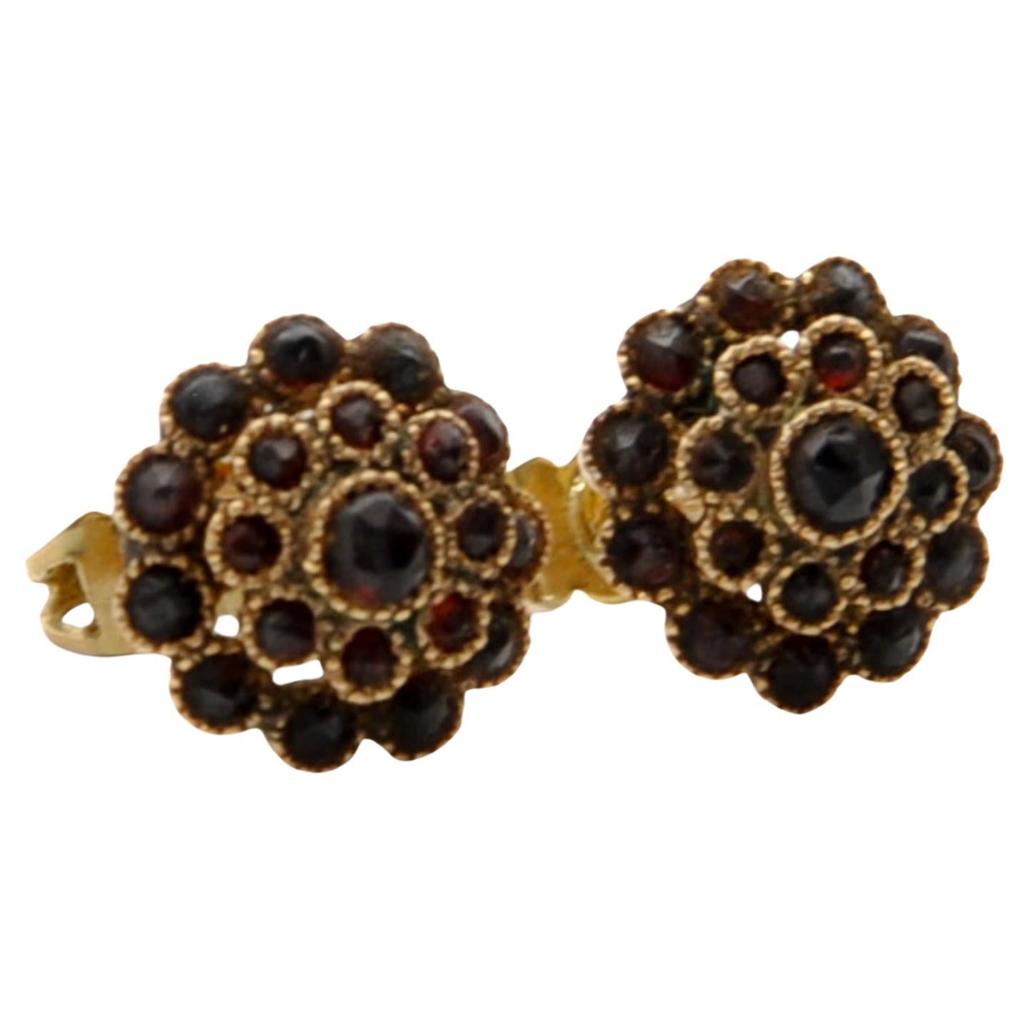 Antique 14K Gold Garnet Cluster Stud Earrings For Sale