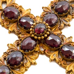 Antique 14 Karat Gold Red Garnet Openwork Cross Pendant, 19th Century