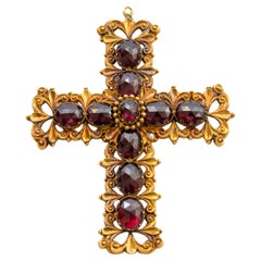 Antique 14K Gold & Garnet Cross Pendant, Bohemian 19th Century