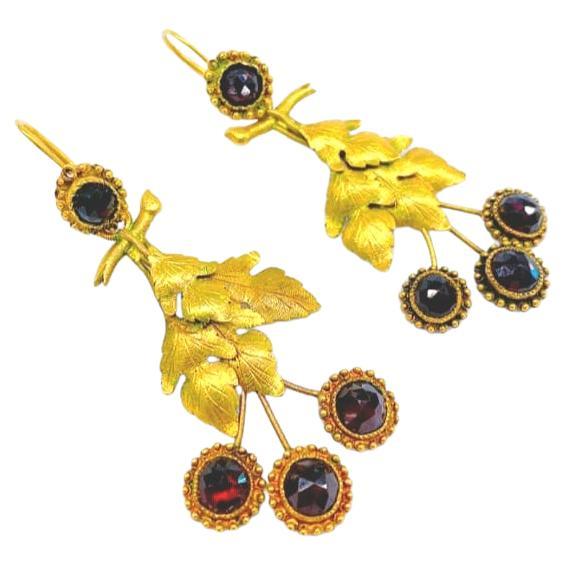 Antique 14k yellow gold large dangling converted garnet earrings in to day and night earrings with bohemian cut garnet with total lenght of 6.5cm in leaf design 