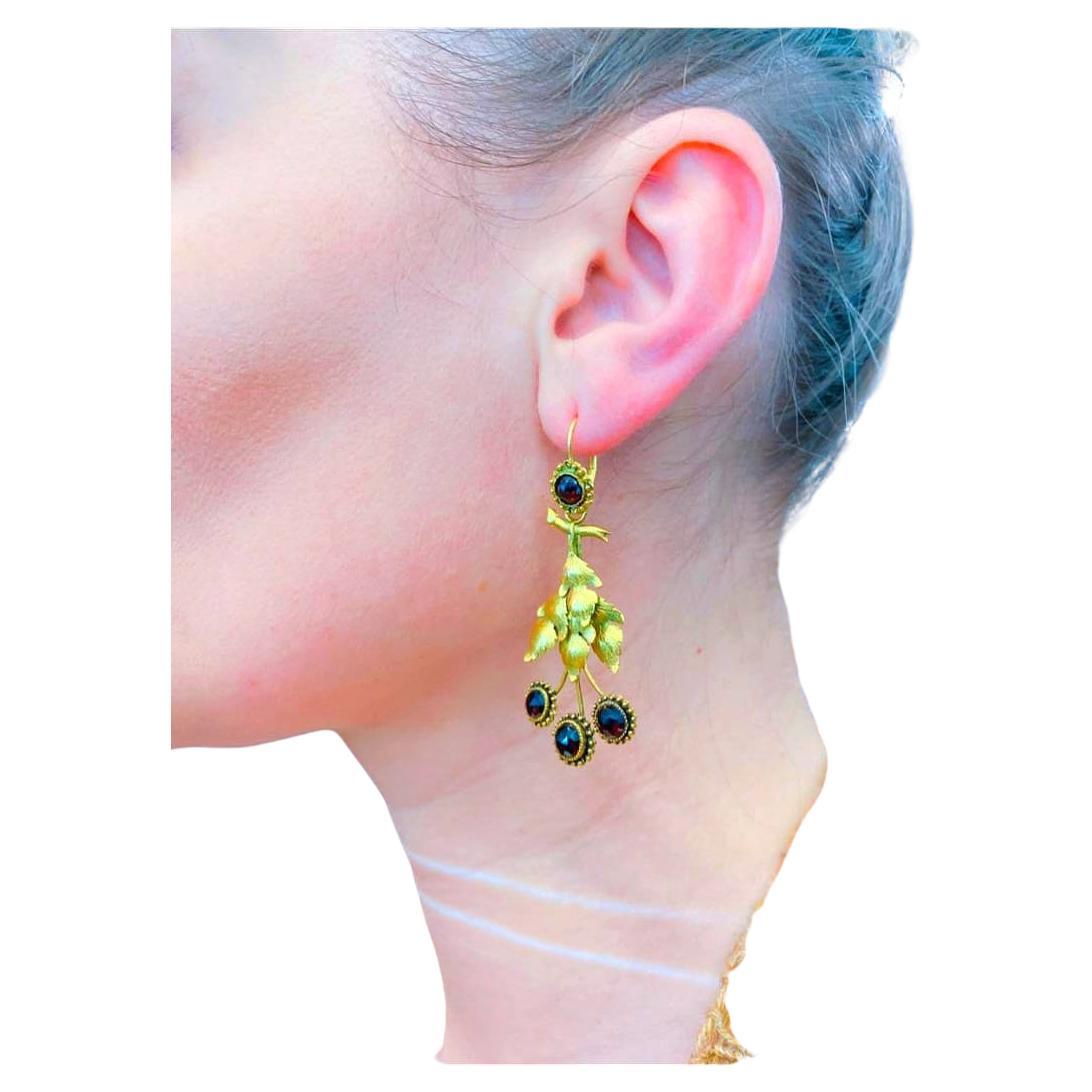 Women's Antique Garnet Day and Night Gold Earrings  For Sale