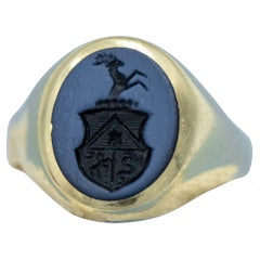 Antique 14K gold gentlemans Intaglio ring : stag with antlers - Sardonyx Signet