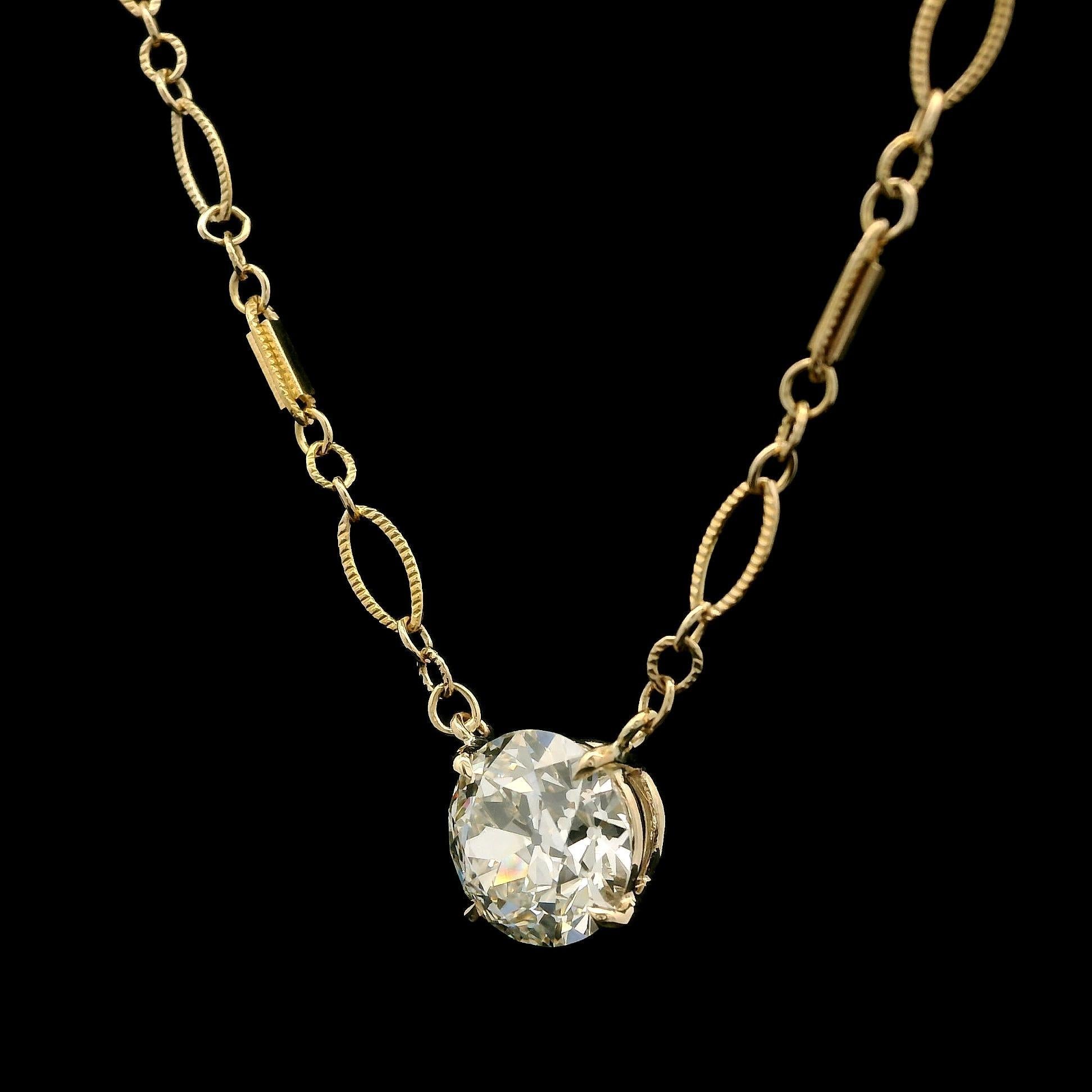 Antique 14k Gold GIA 1.82ct Old European Diamond Solitaire Pendant Necklace In Good Condition For Sale In Montclair, NJ
