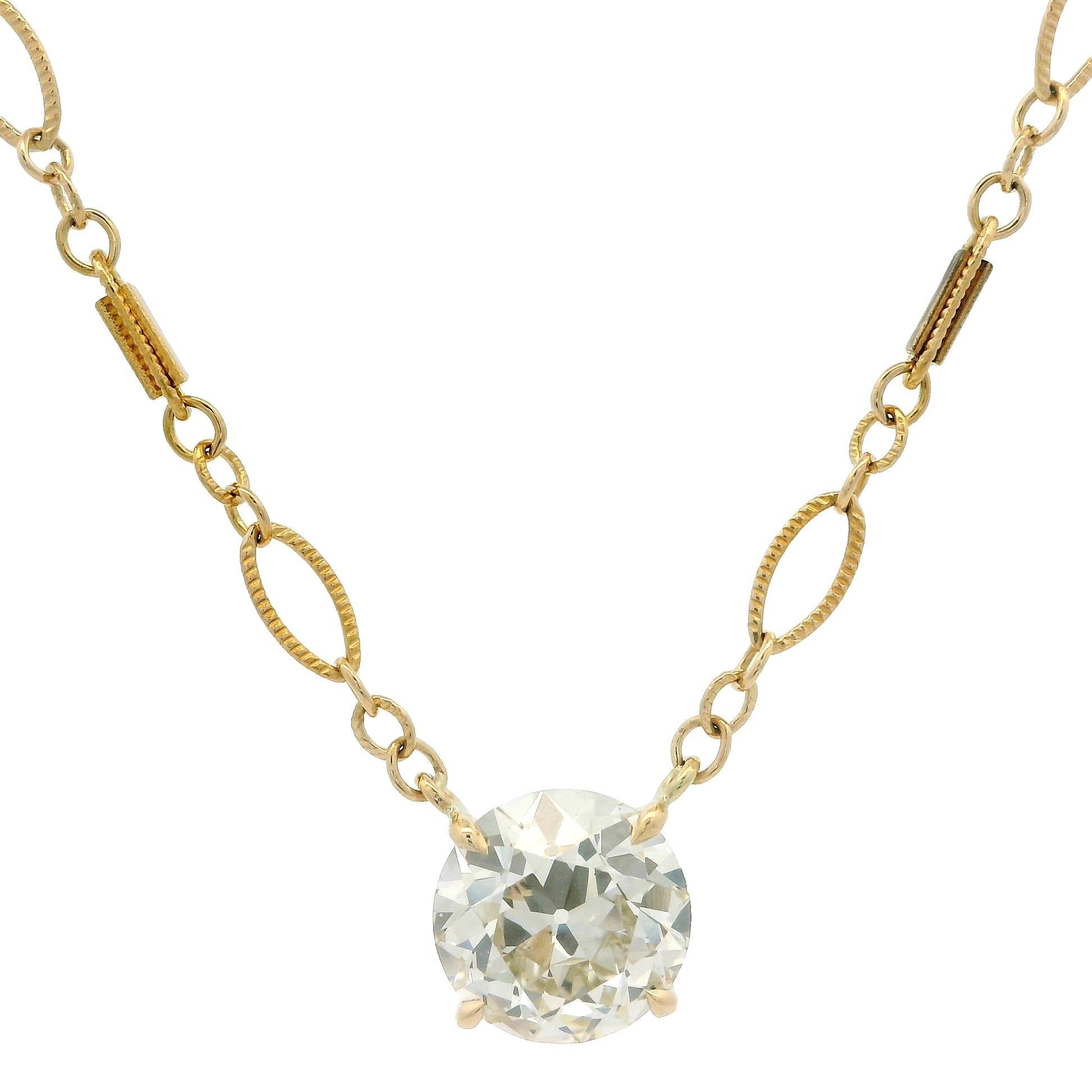 Antique 14k Gold GIA 1.82ct Old European Diamond Solitaire Pendant Necklace For Sale 4