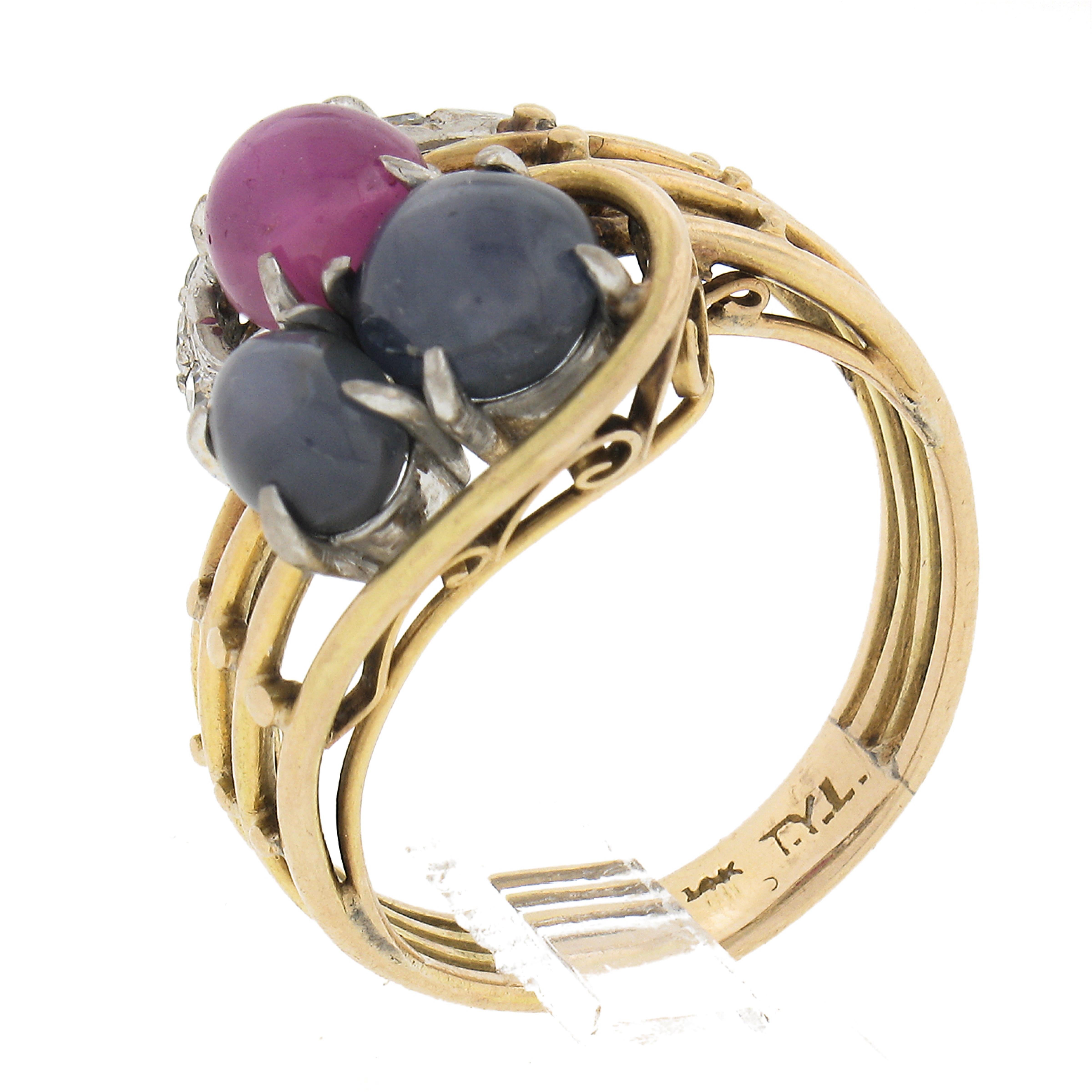 Antique 14k Gold GIA Burma No Heat Star Ruby & Sapphire Bypass Cocktail Ring For Sale 4
