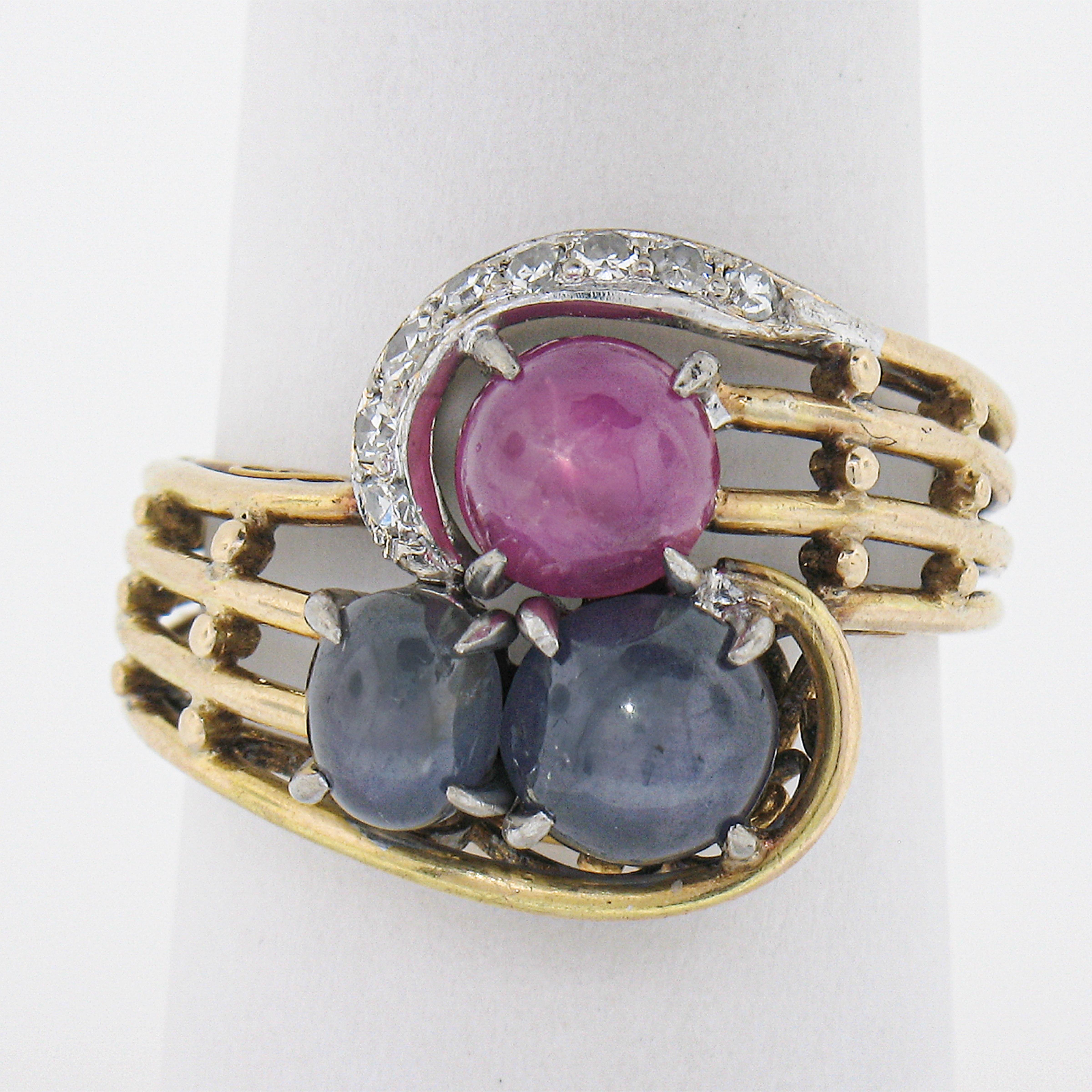 Art Nouveau Antique 14k Gold GIA Burma No Heat Star Ruby & Sapphire Bypass Cocktail Ring For Sale