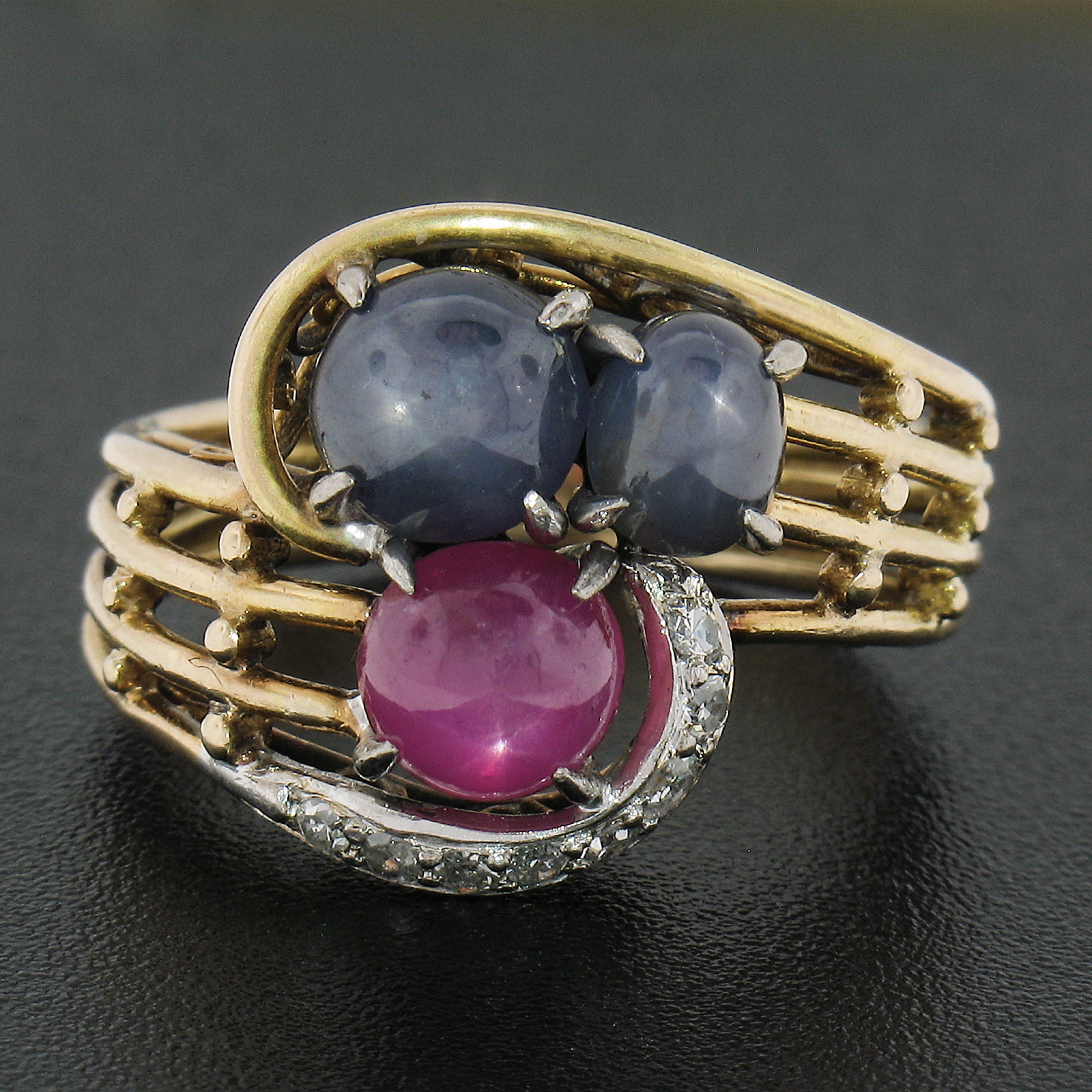 Cabochon Antique 14k Gold GIA Burma No Heat Star Ruby & Sapphire Bypass Cocktail Ring For Sale