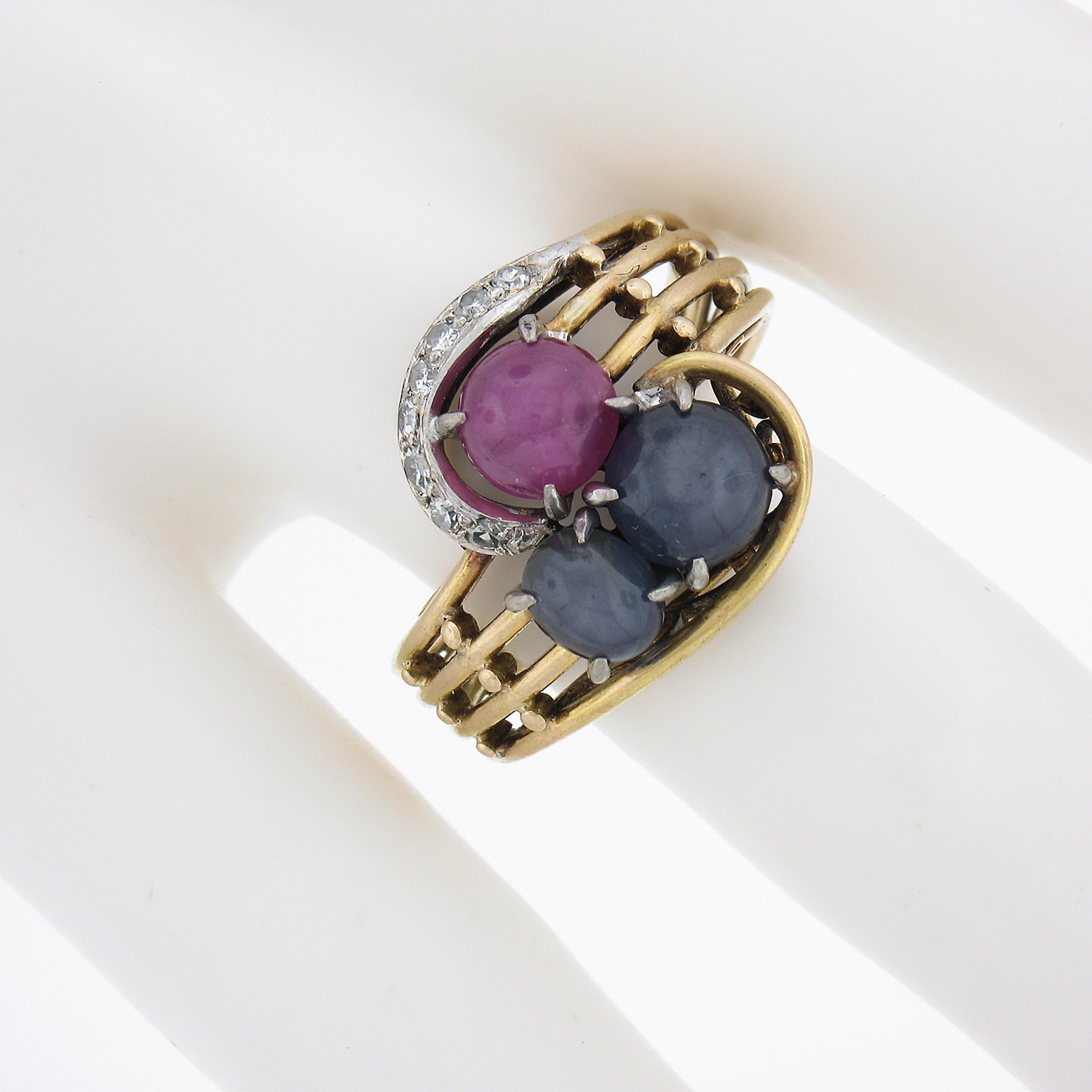 Antique 14k Gold GIA Burma No Heat Star Ruby & Sapphire Bypass Cocktail Ring In Good Condition For Sale In Montclair, NJ