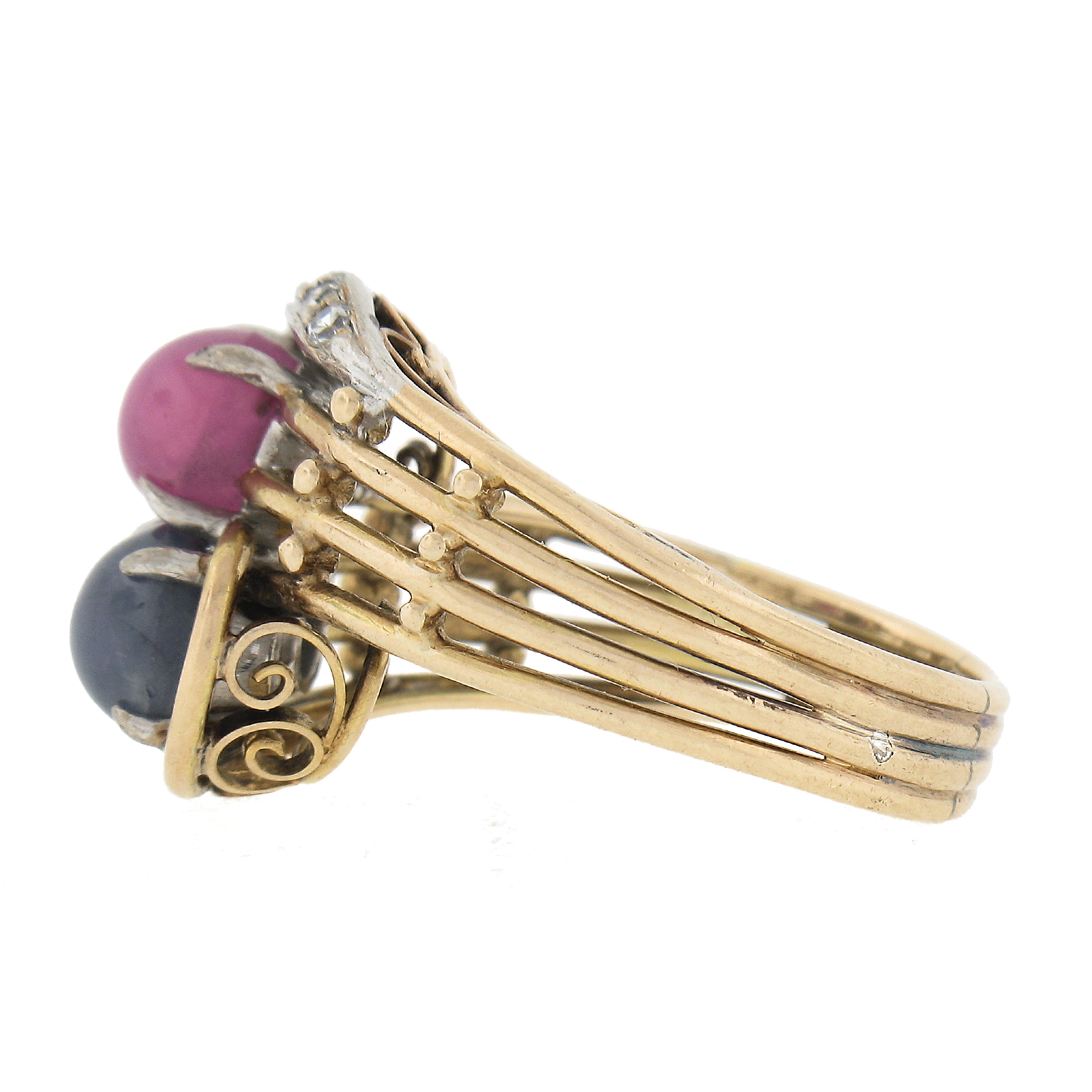 Antique 14k Gold GIA Burma No Heat Star Ruby & Sapphire Bypass Cocktail Ring For Sale 1