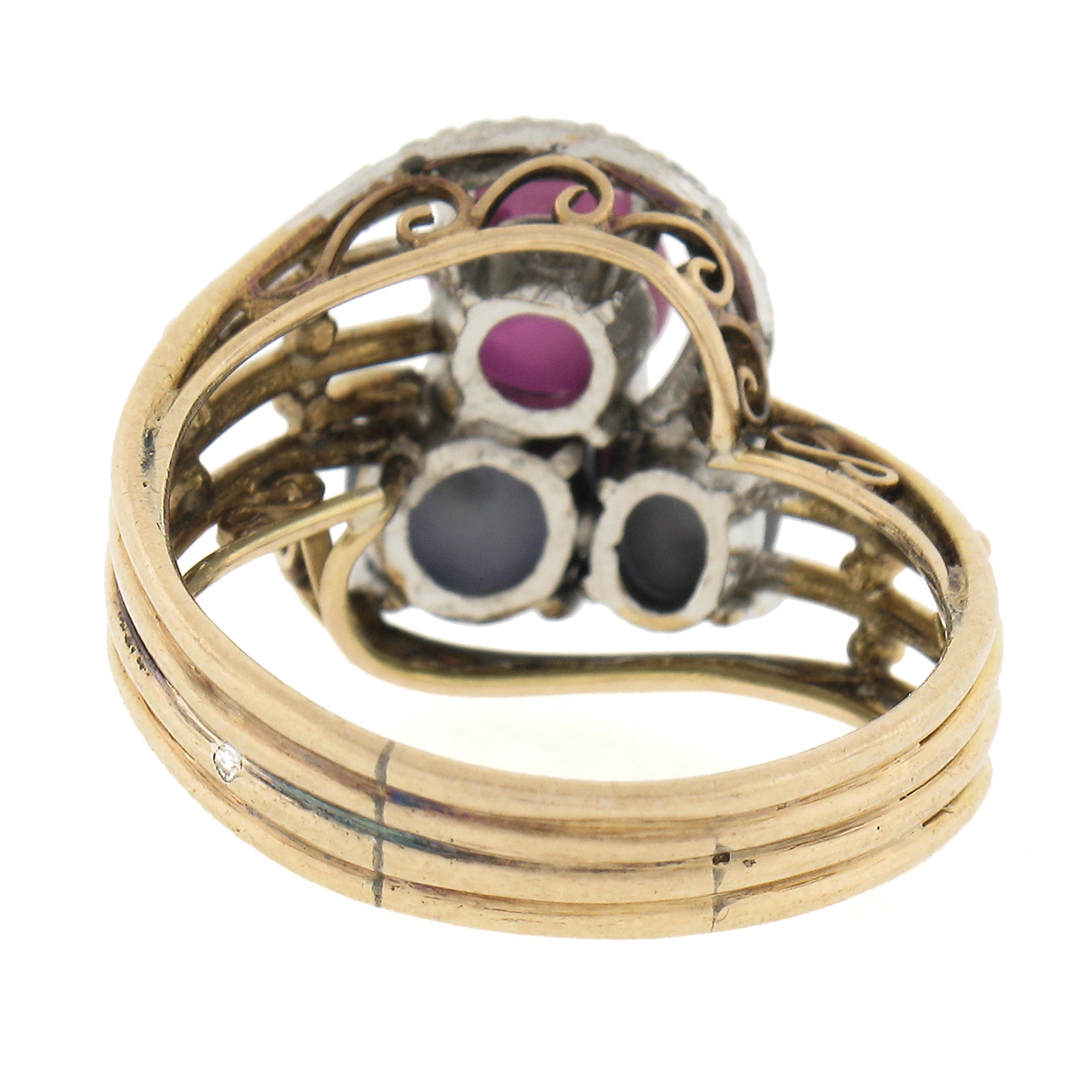 Antique 14k Gold GIA Burma No Heat Star Ruby & Sapphire Bypass Cocktail Ring For Sale 2