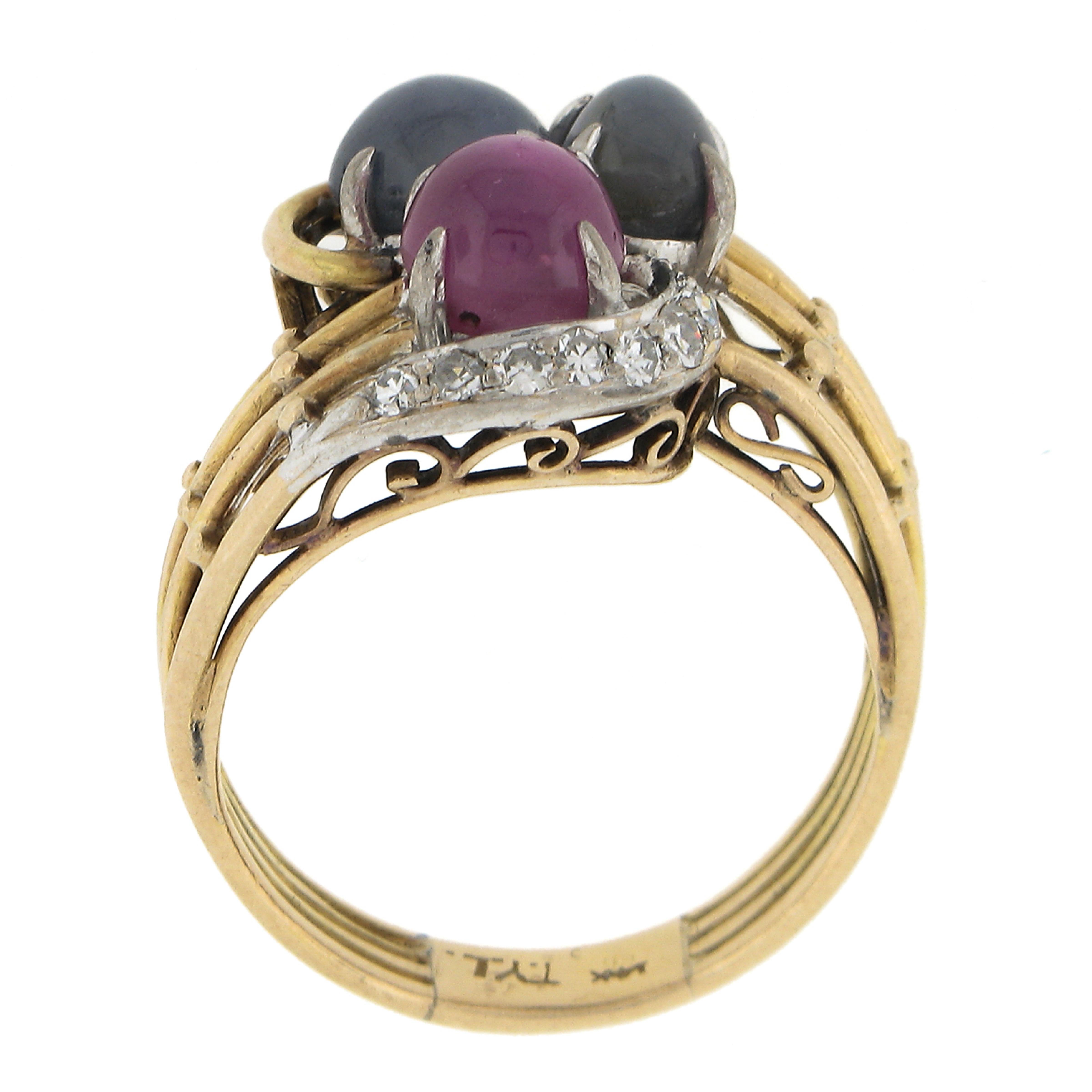 Antique 14k Gold GIA Burma No Heat Star Ruby & Sapphire Bypass Cocktail Ring For Sale 3