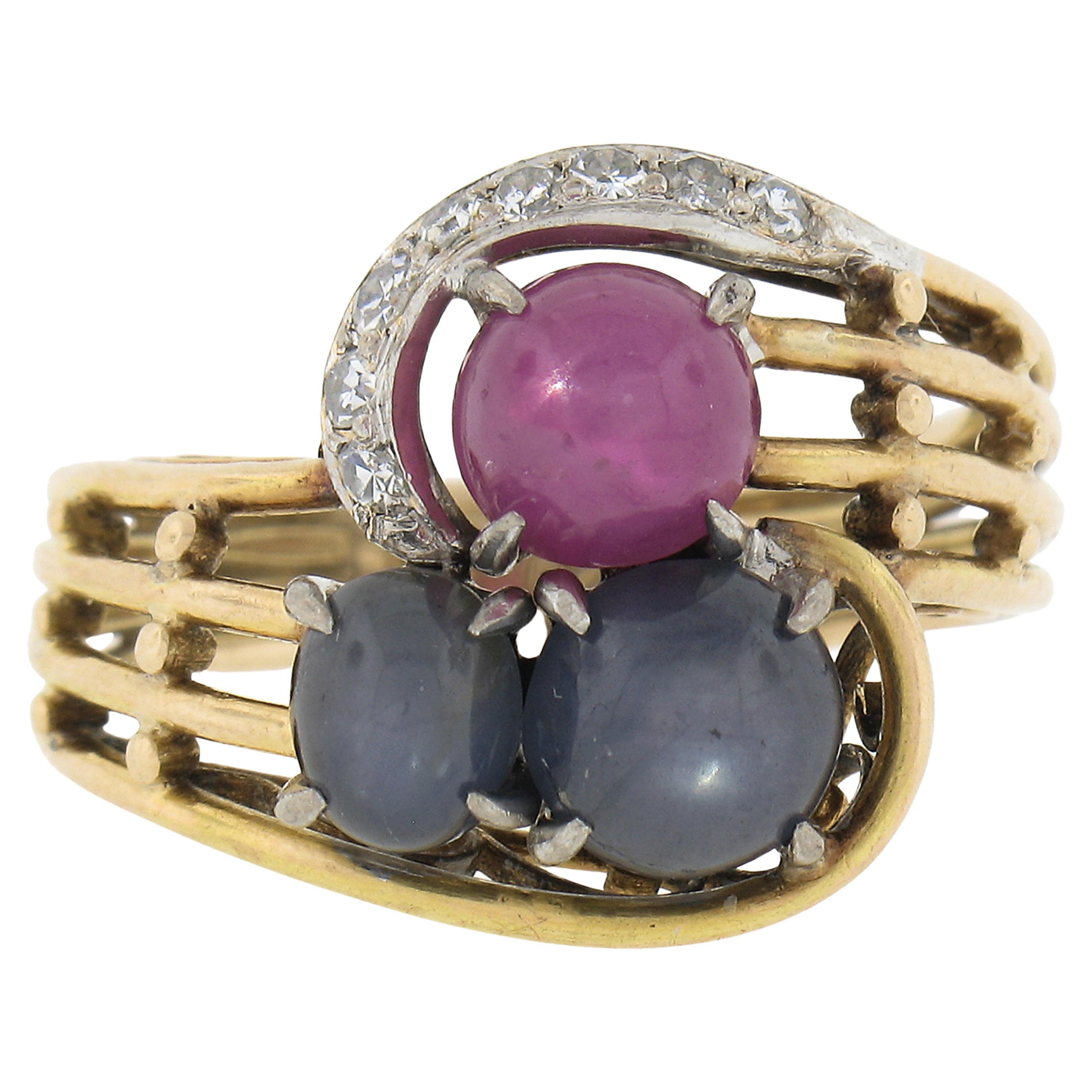 Antique 14k Gold GIA Burma No Heat Star Ruby & Sapphire Bypass Cocktail Ring For Sale