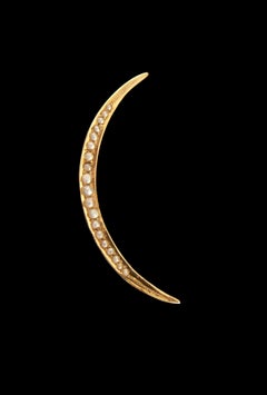 Antique 14K Gold & Graduated Seed Pearl Crescent Brooch - U.S.A. - Circa 1900