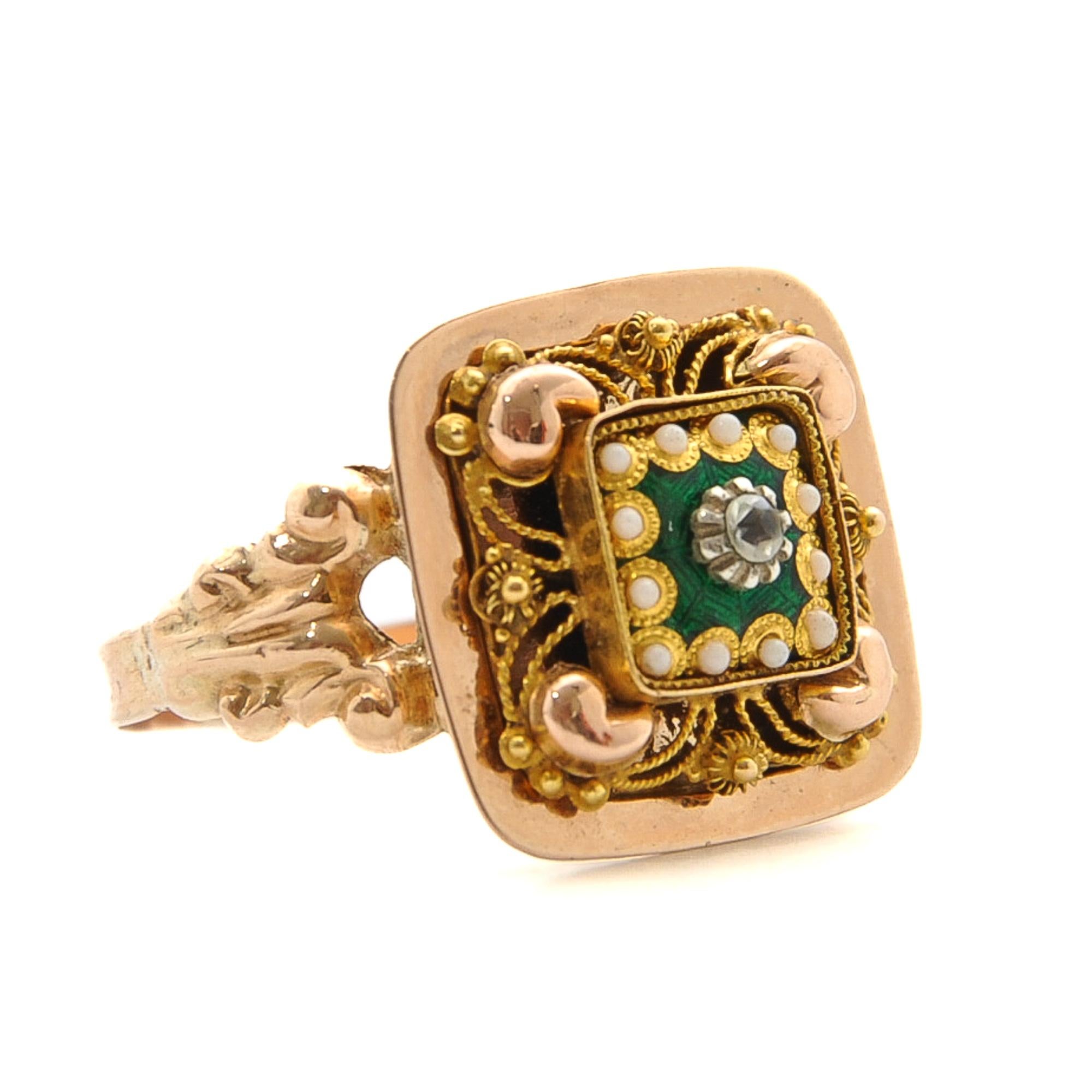 Victorian Antique Green Enamel and Seed Pearl 14K Gold Ring For Sale