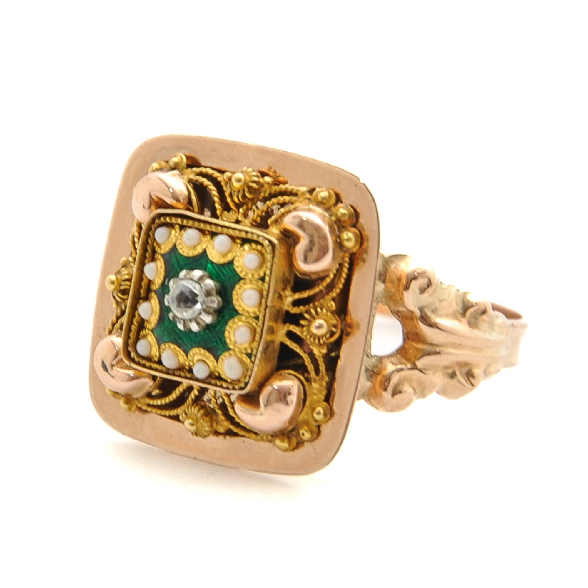 Women's or Men's Antique Green Enamel and Seed Pearl 14K Gold Ring For Sale
