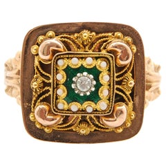 19th Century Green Enameled and Seed Pearl 14K Gold Square Ring
