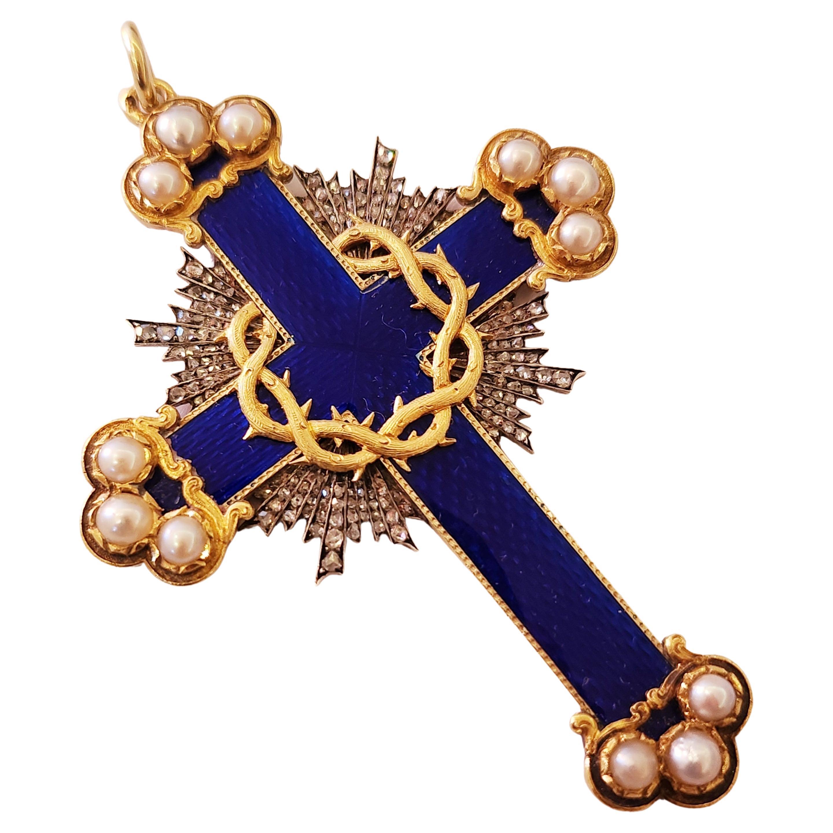 Antique 14k gold large russian cross pendant in blue guilloche enamel with rose cut diamonds estimate weight of 2 carats and 12 white natural pearls this unuswal cross was made in st petersburg 1844.c during the imperial russian era with total
