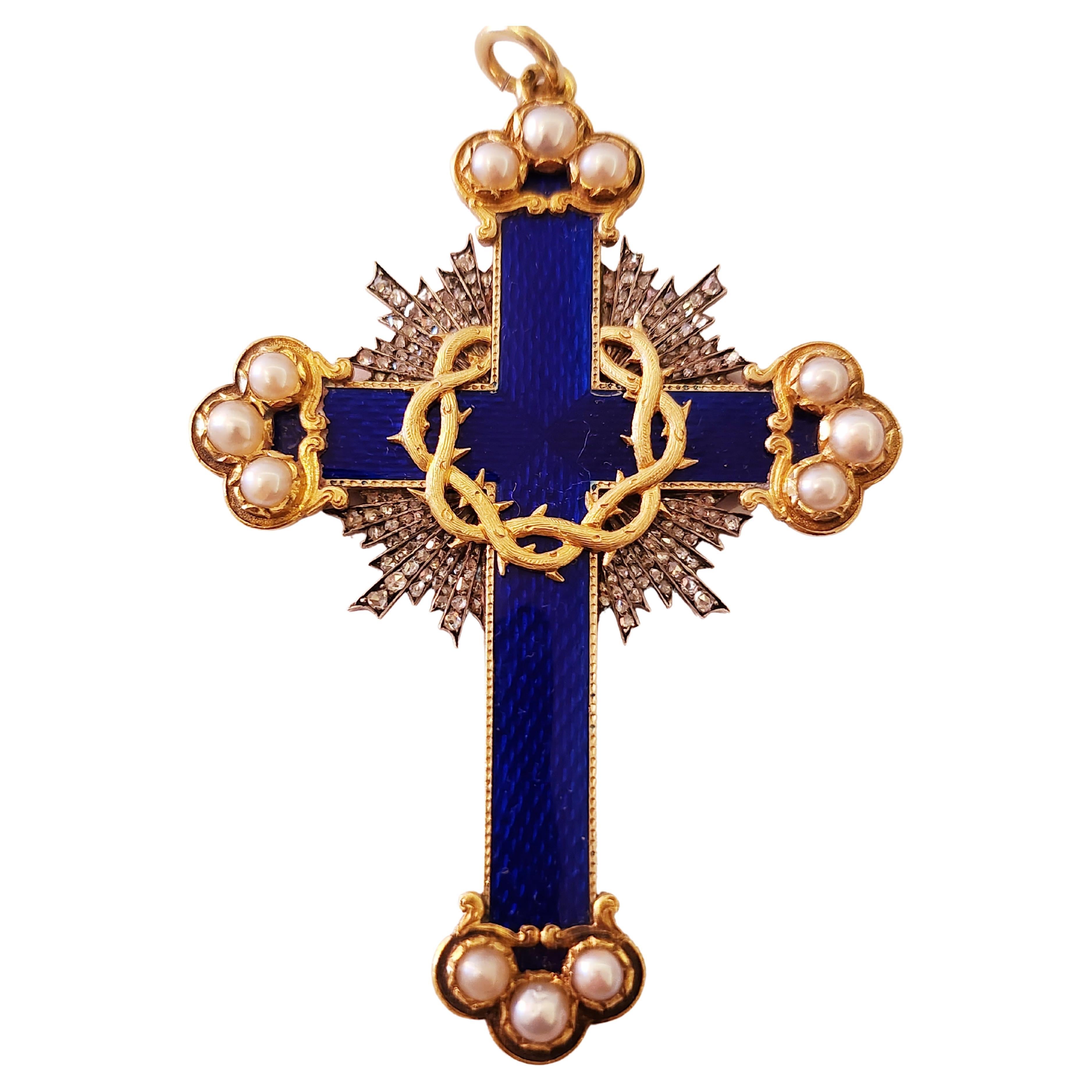 Antique 1899s Guilloche Enamel And Diamond Russian Cross Pendant In Excellent Condition For Sale In Cairo, EG